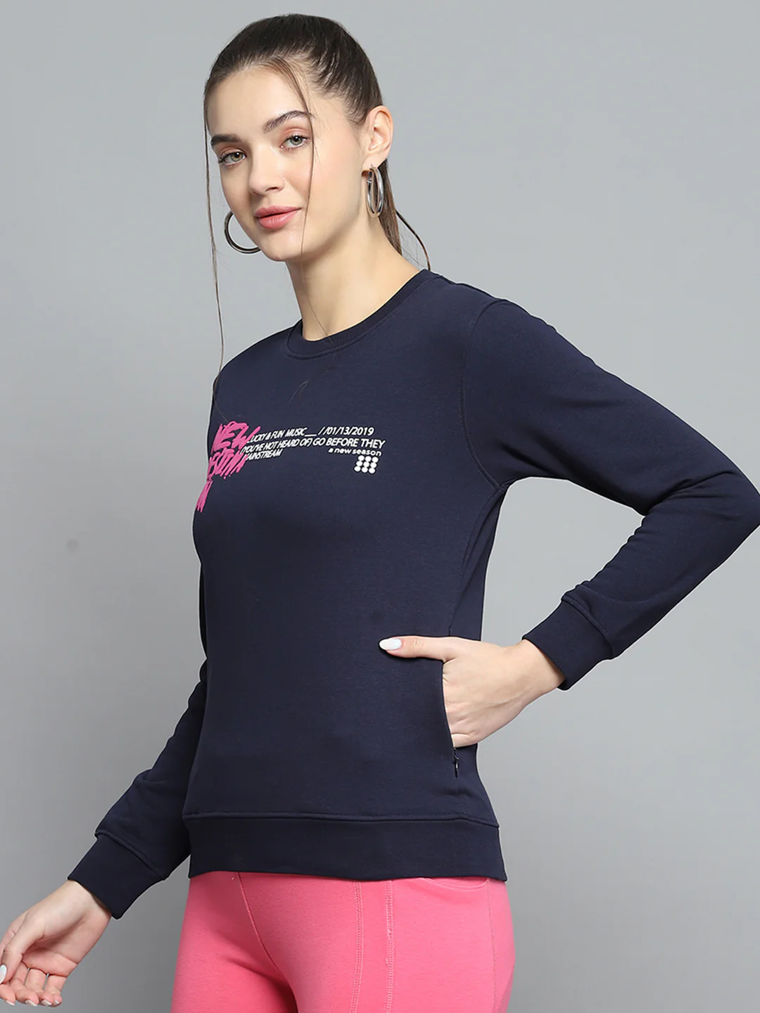 Rock.it Women Navy Blue Printed Round Neck Full Sleeve Sweatshirt - Image 3