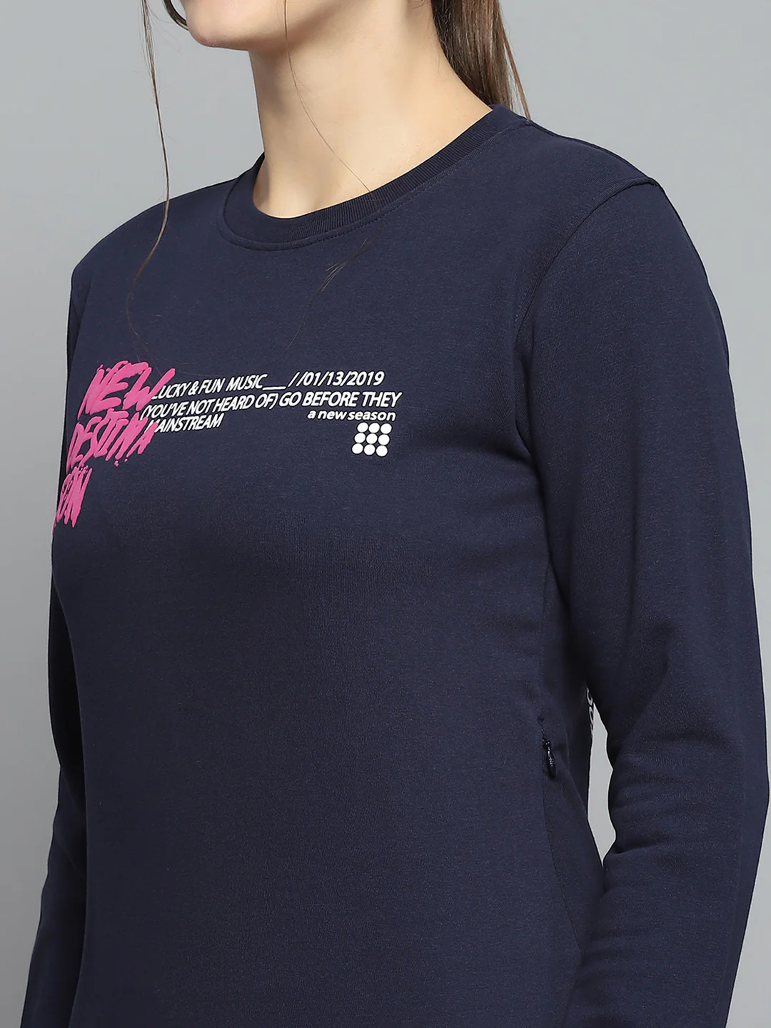 Rock.it Women Navy Blue Printed Round Neck Full Sleeve Sweatshirt - Image 7