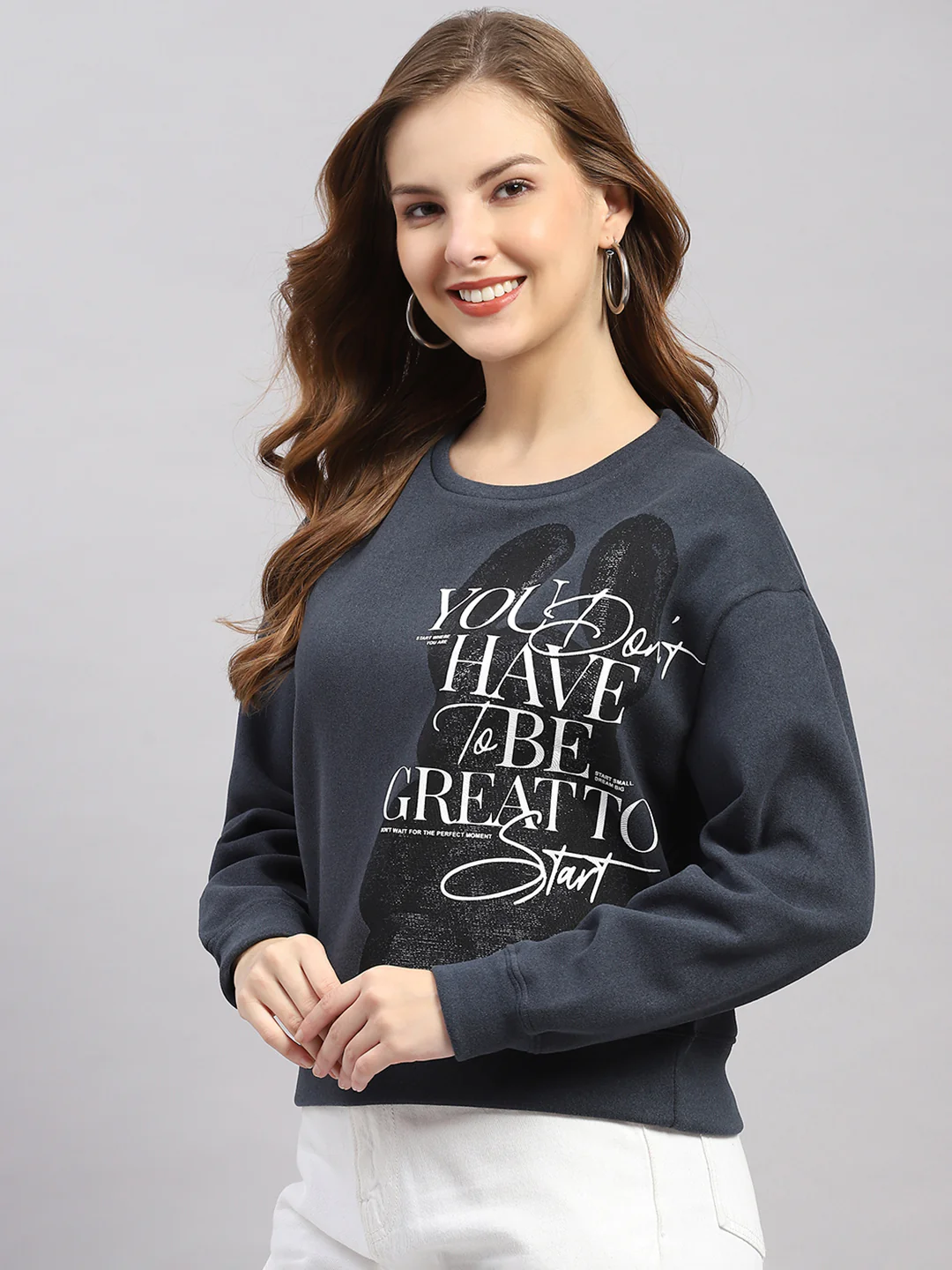 Women Navy Blue Printed Round Neck Full Sleeve Sweatshirt - Image 3
