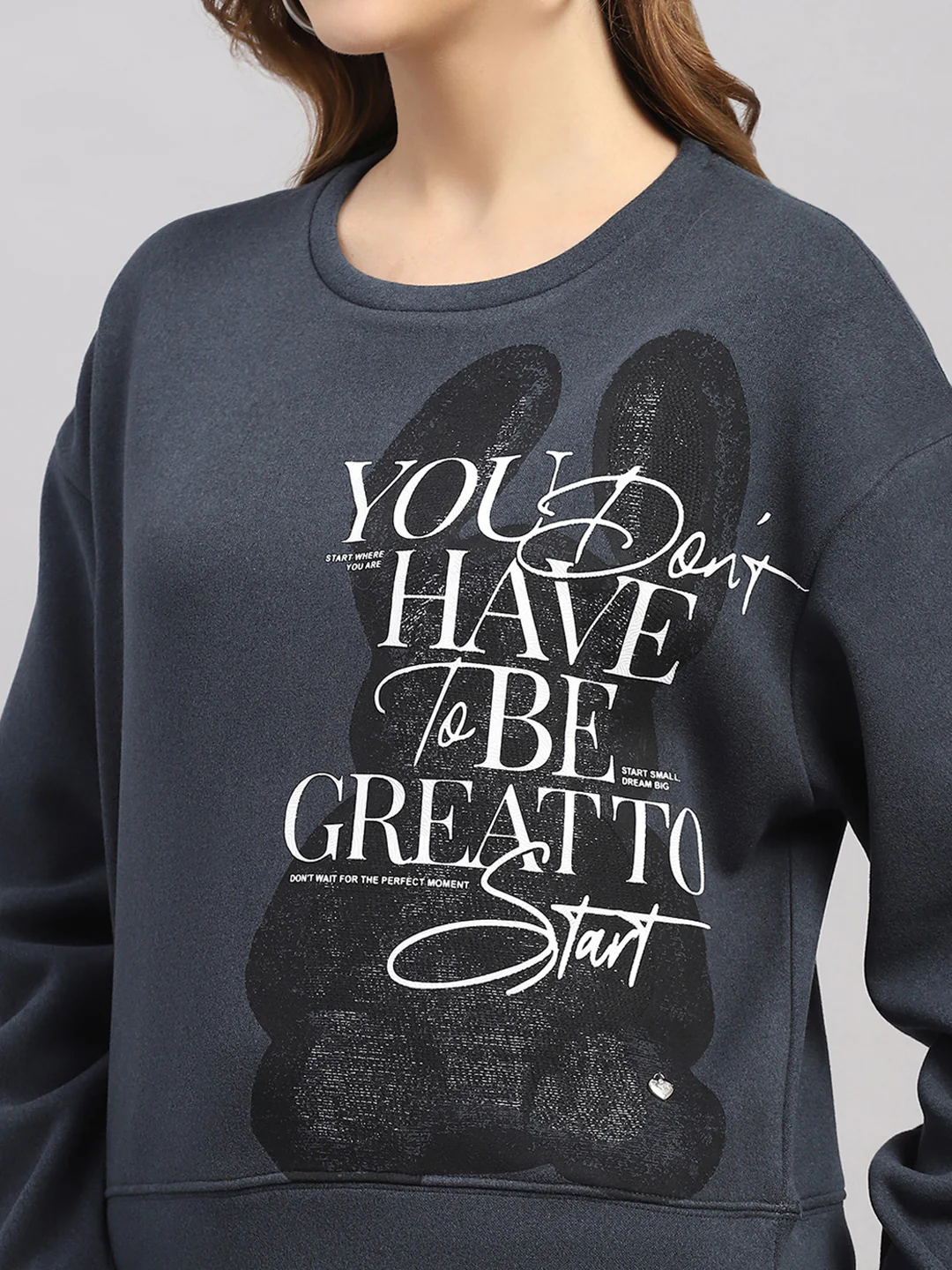 Women Navy Blue Printed Round Neck Full Sleeve Sweatshirt - Image 6