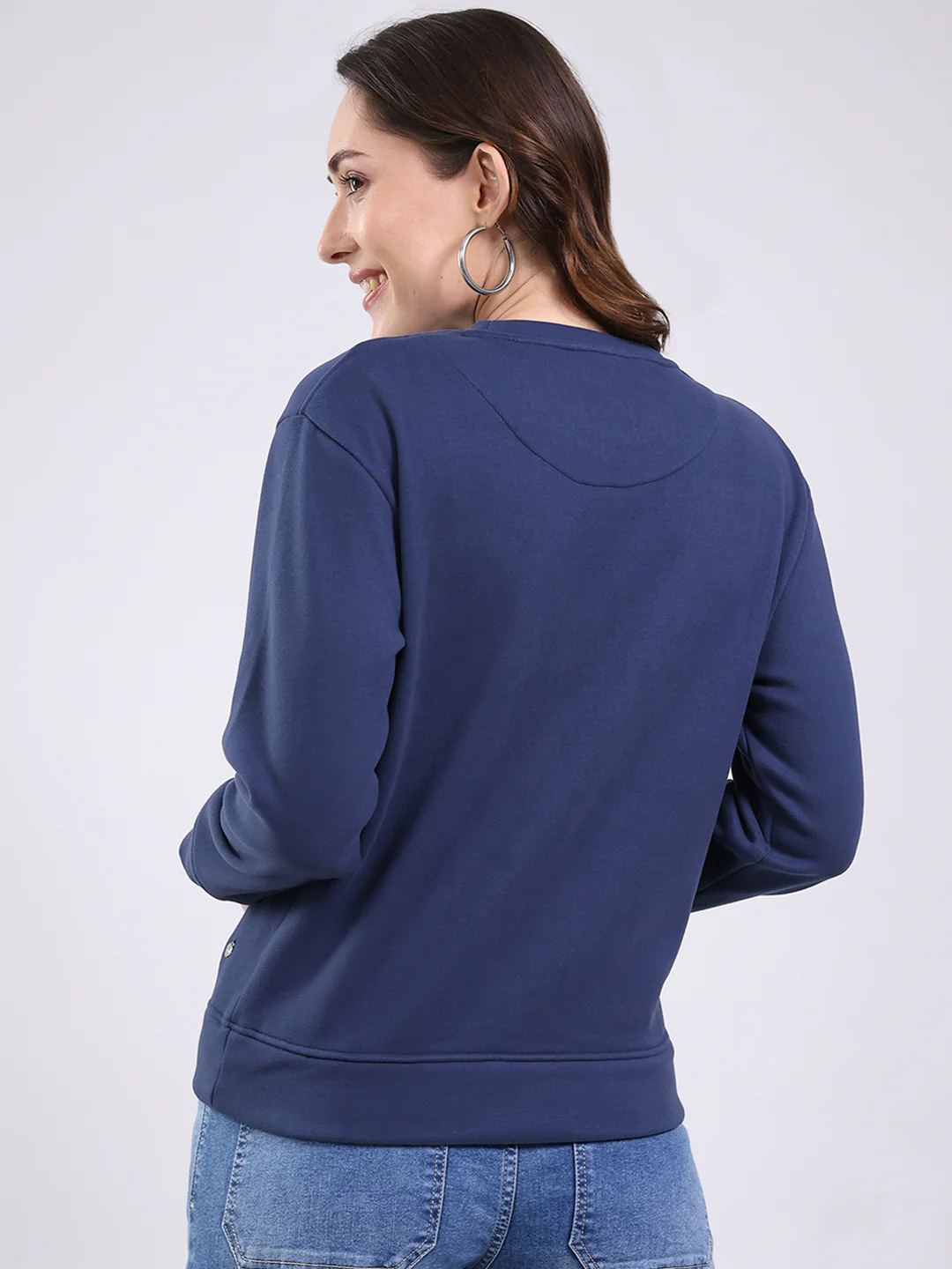 Women Navy Blue Printed Round Neck Full Sleeve Sweatshirt - Image 5
