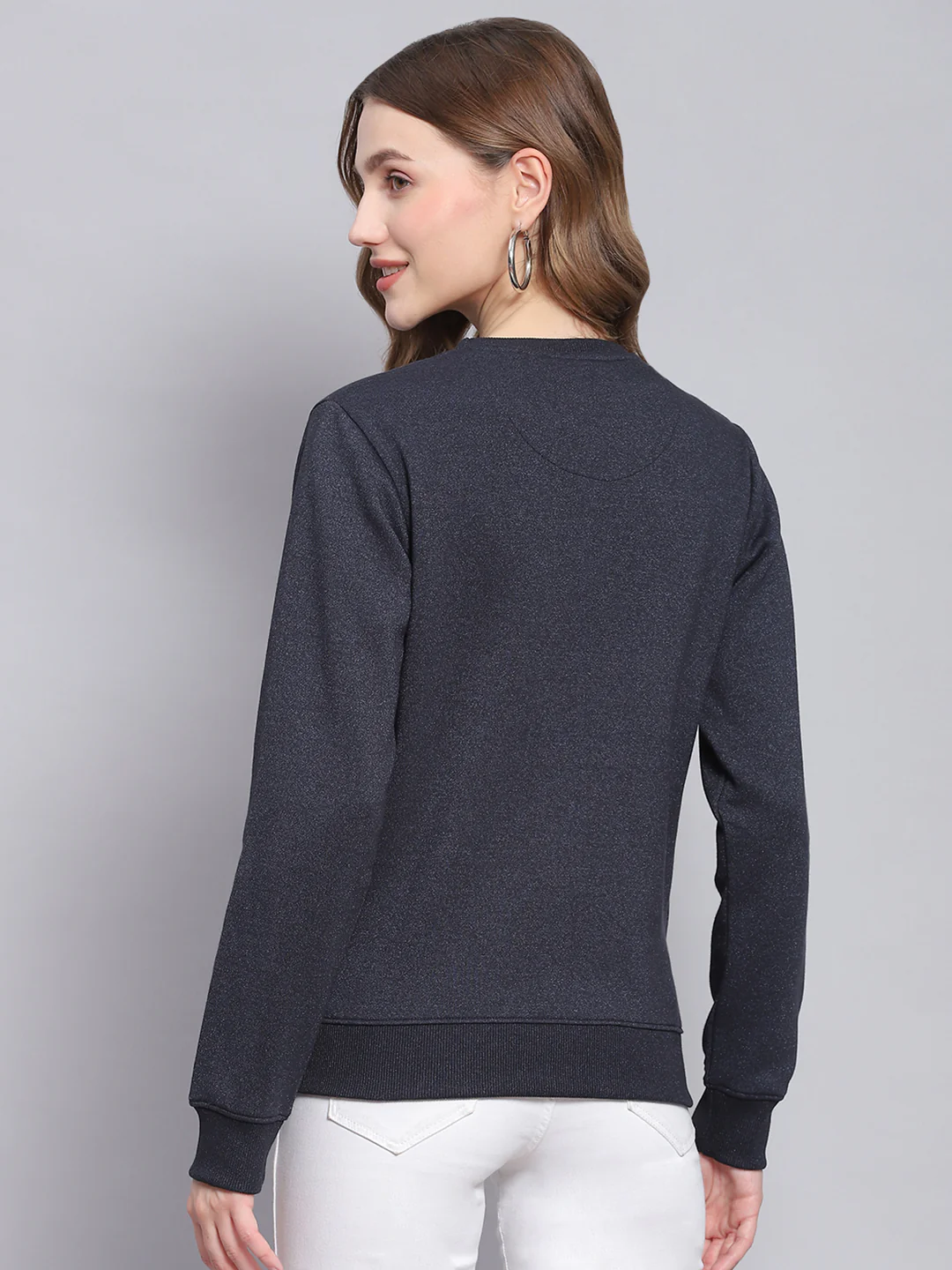 Women Navy Blue Printed Round Neck Full Sleeve Sweatshirts - Image 5