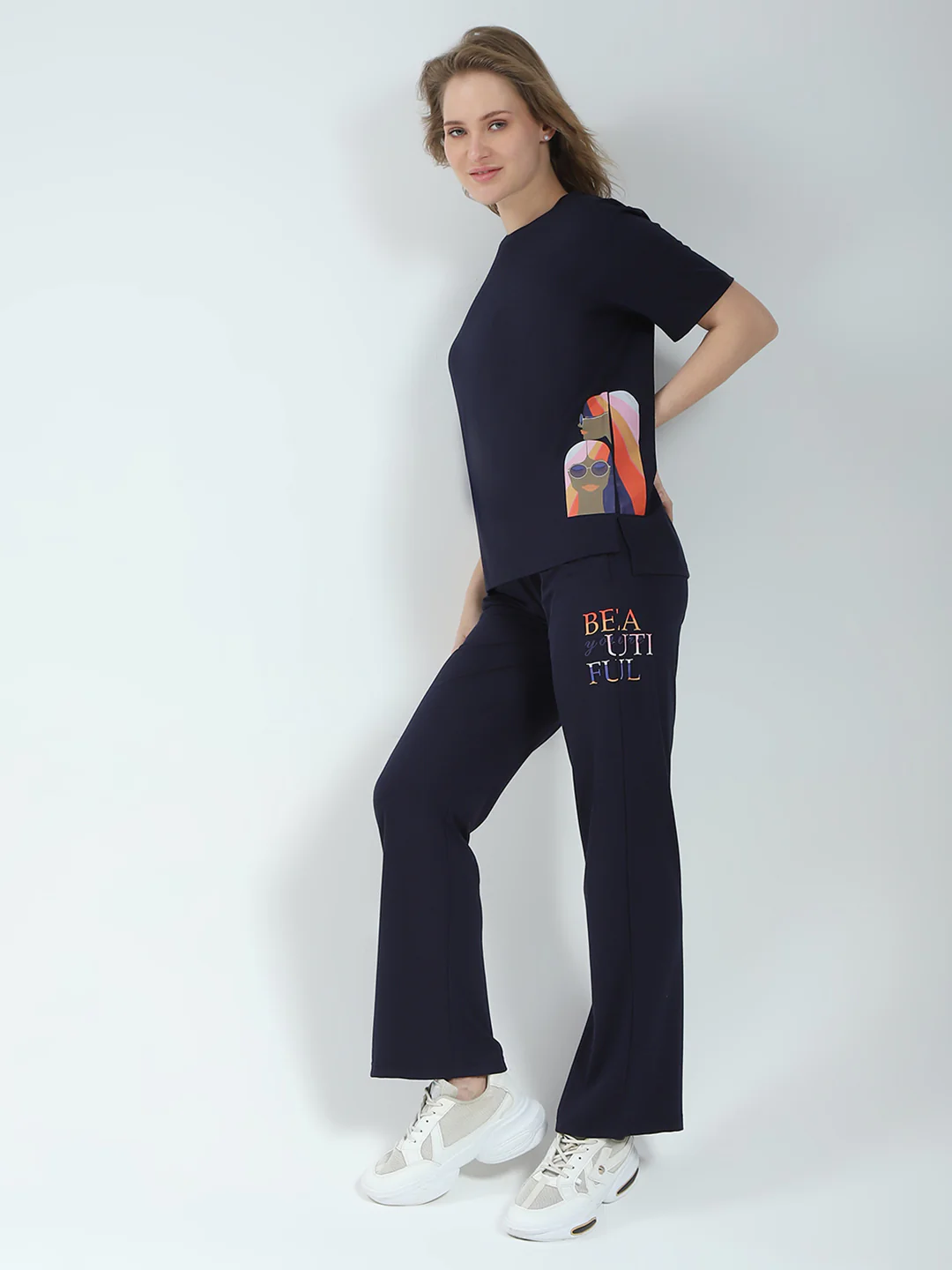 Women Navy Blue Printed Round Neck Half Sleeve Lower Set - Image 2