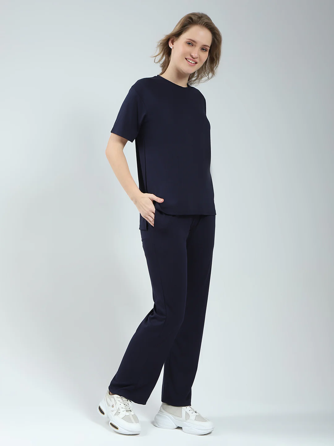 Women Navy Blue Printed Round Neck Half Sleeve Lower Set - Image 4