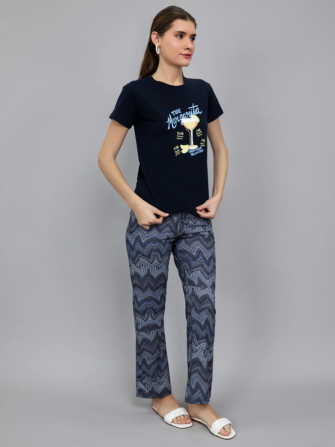 Women Navy Blue Printed Round Neck Half Sleeve Lower Set - Image 3