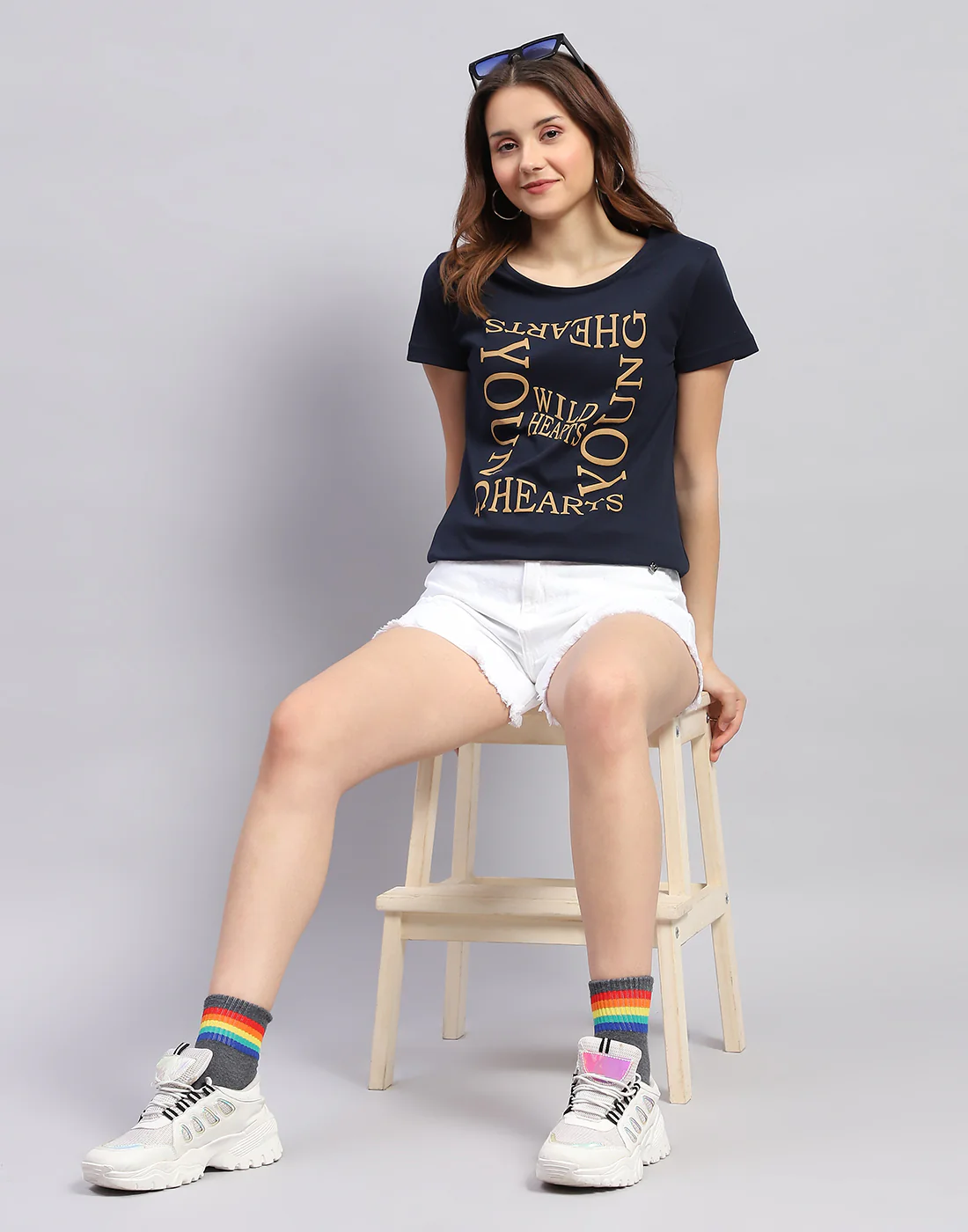 Women Navy Blue Printed Round Neck Half Sleeve Top - Image 2