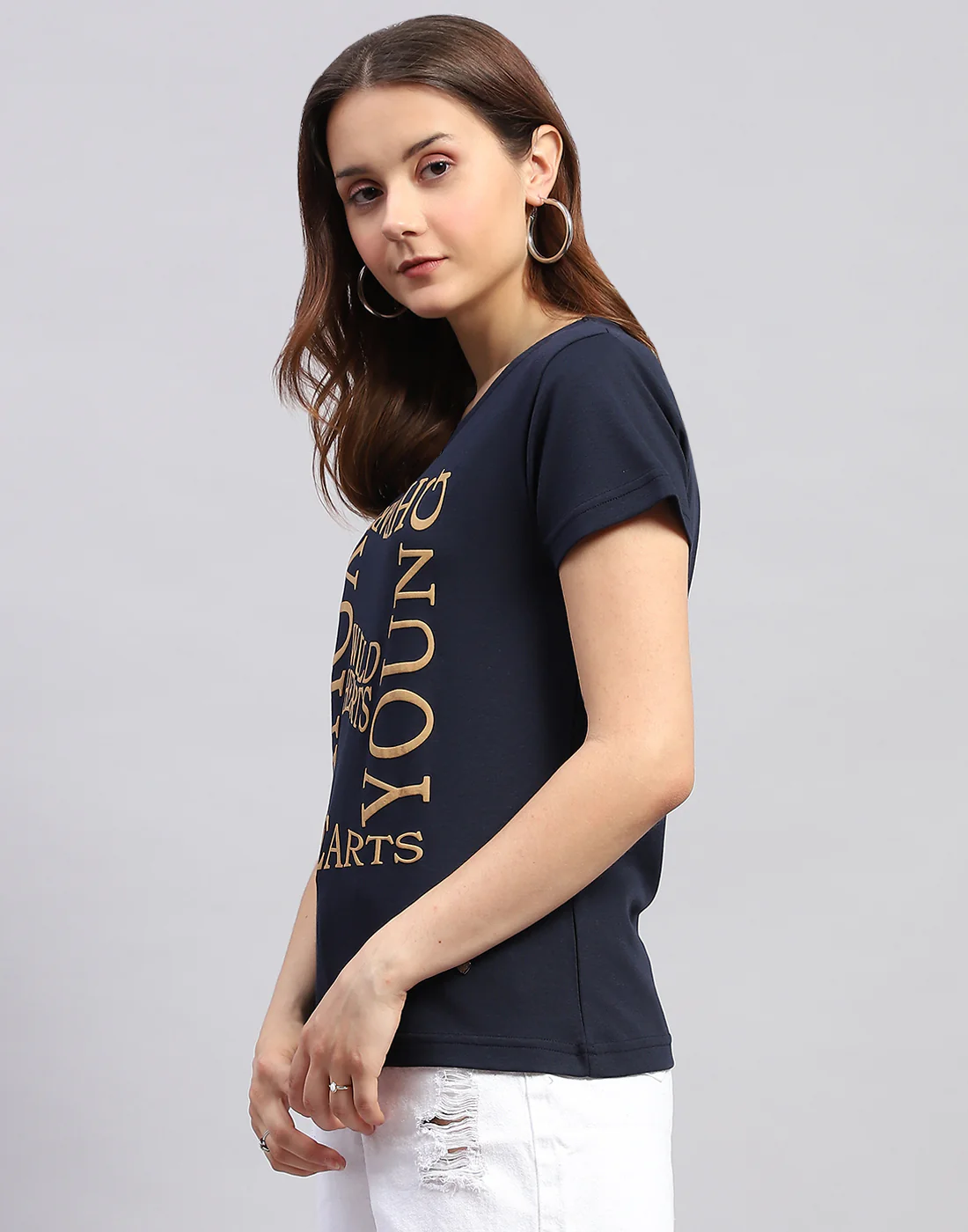 Women Navy Blue Printed Round Neck Half Sleeve Top - Image 3