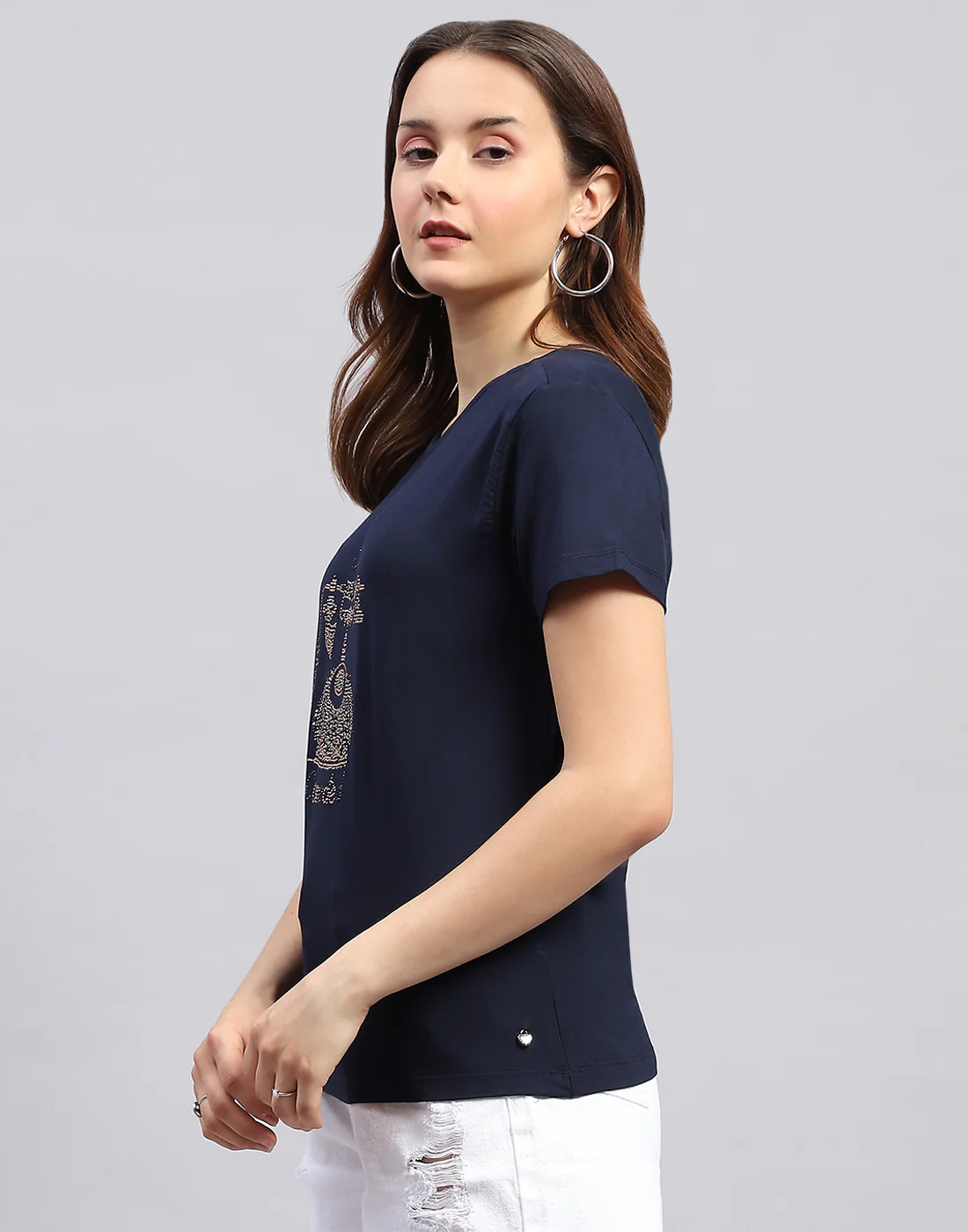 Women Navy Blue Printed Round Neck Half Sleeve Top - Image 3