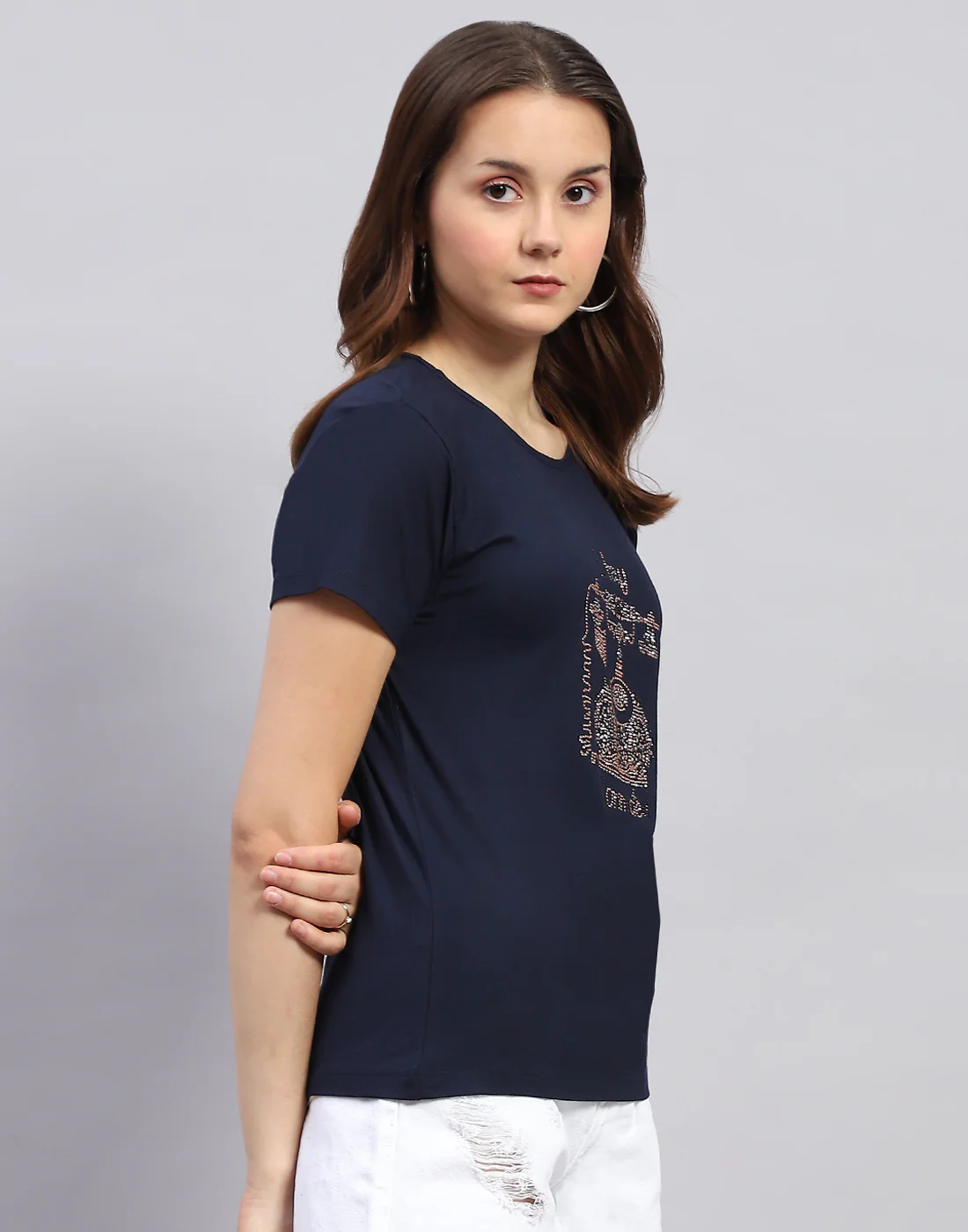 Women Navy Blue Printed Round Neck Half Sleeve Top - Image 4