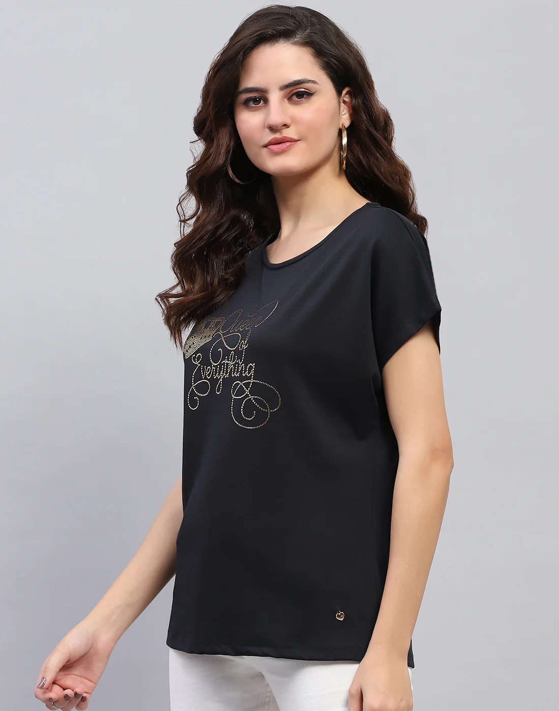 Women Navy Blue Printed Round Neck Half Sleeve Top - Image 3