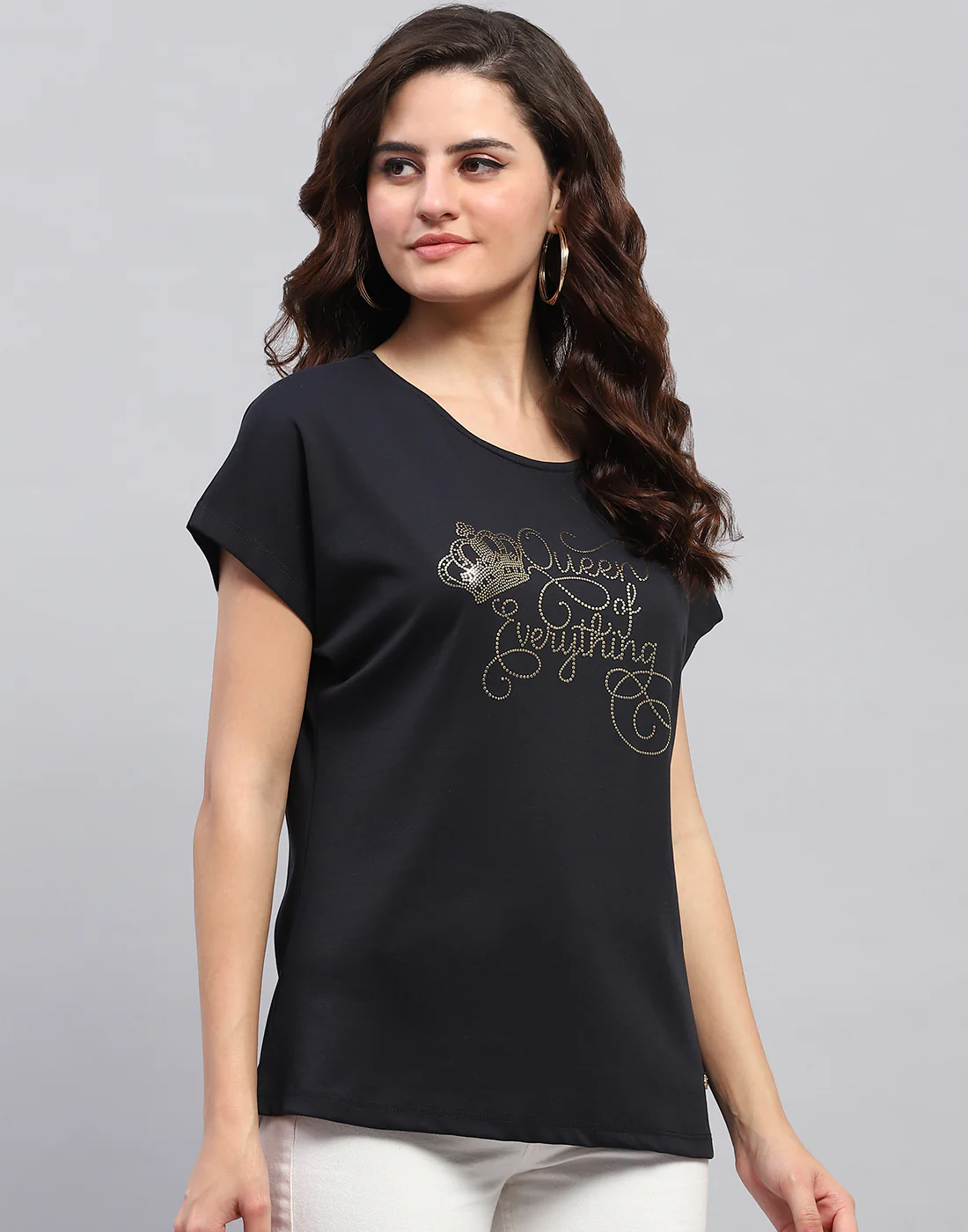 Women Navy Blue Printed Round Neck Half Sleeve Top - Image 4