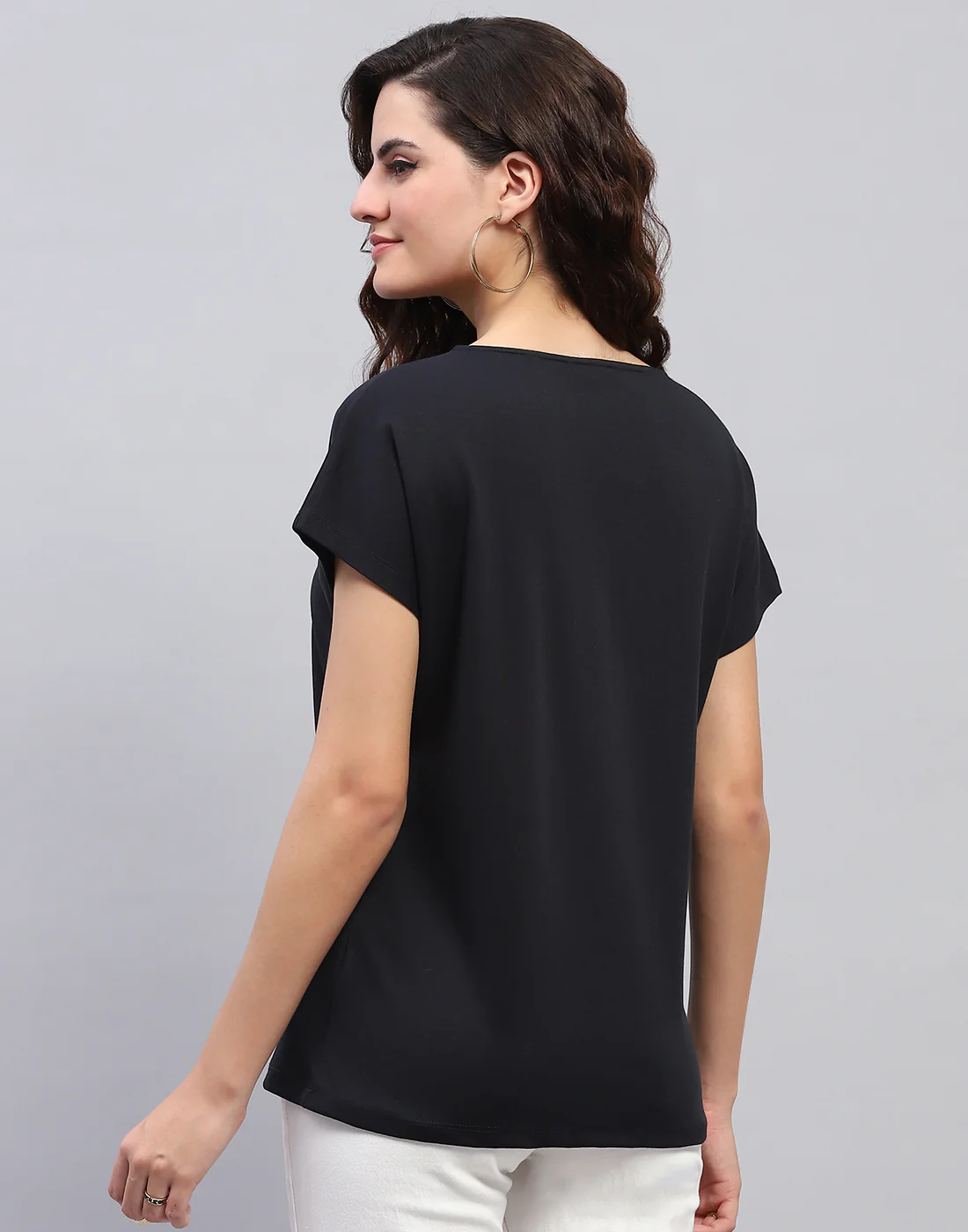 Women Navy Blue Printed Round Neck Half Sleeve Top - Image 5