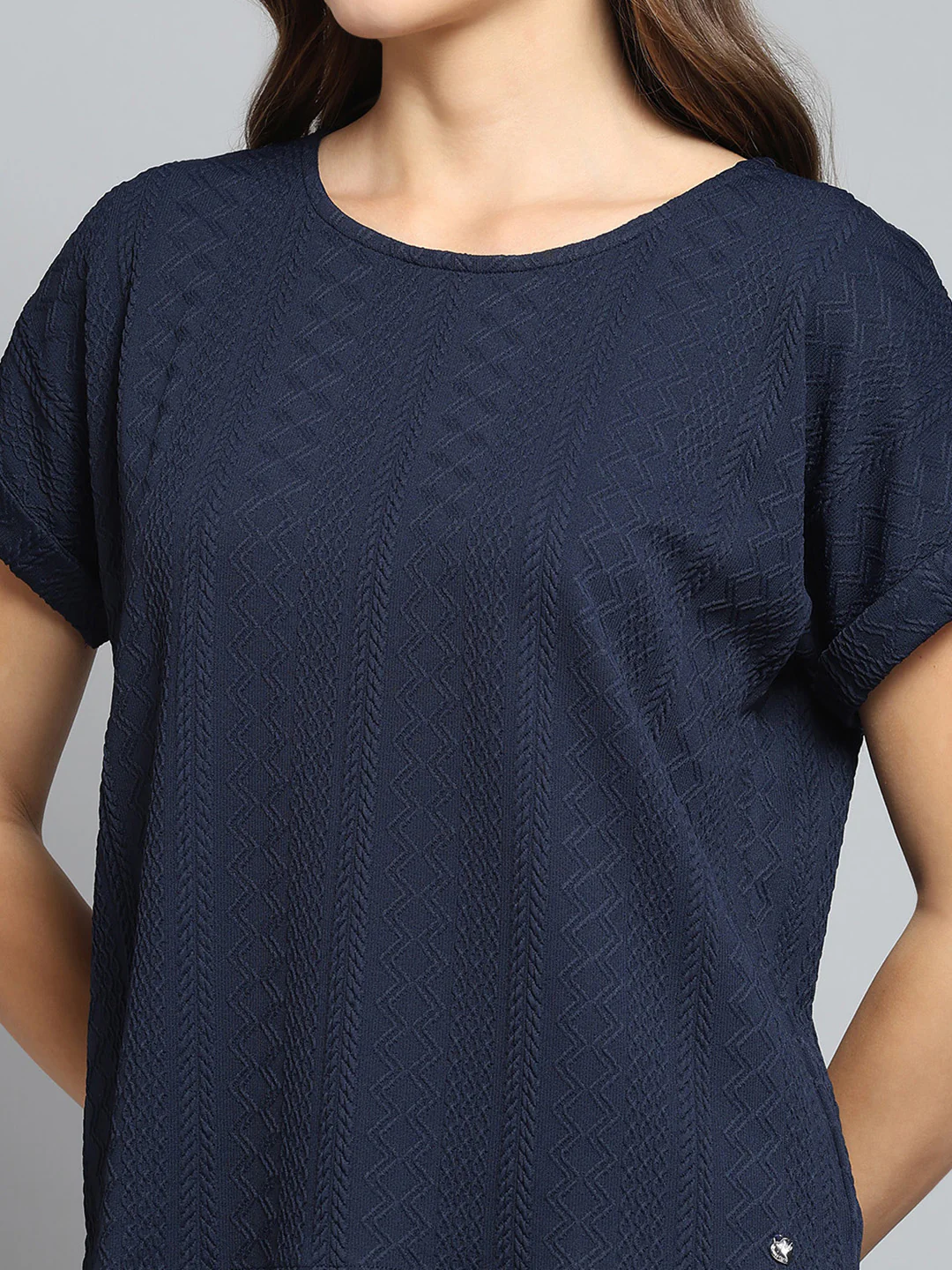 Women Navy Blue Printed Round Neck Half Sleeve Top - Image 7