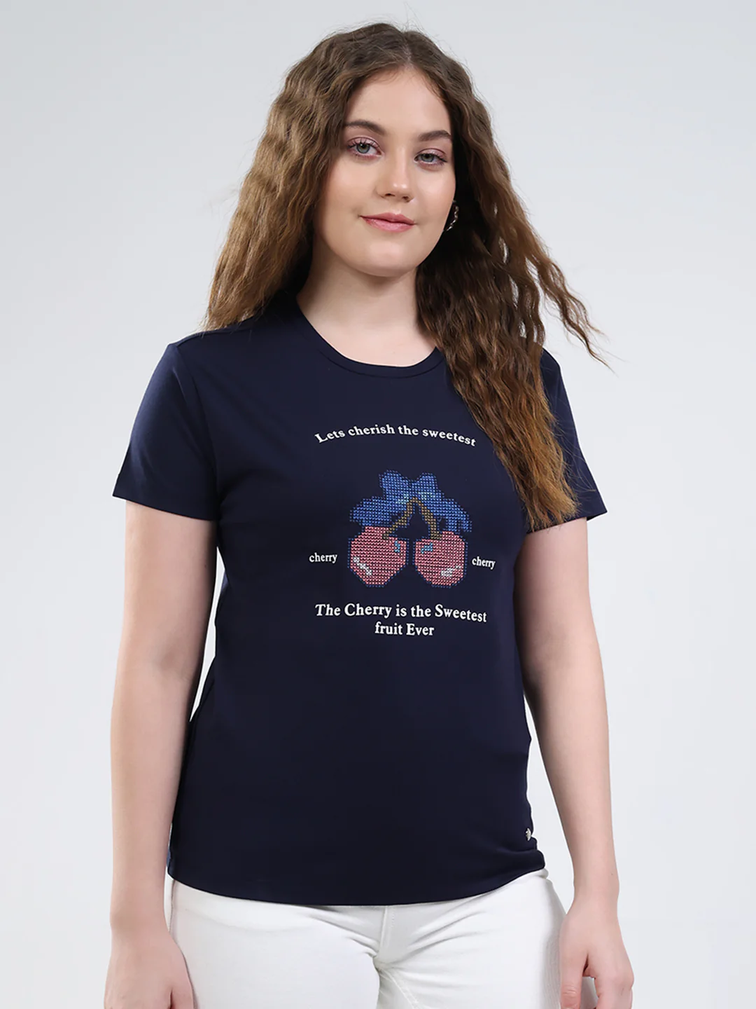 Women Navy Blue Printed Round Neck Half Sleeve Top - Image 4