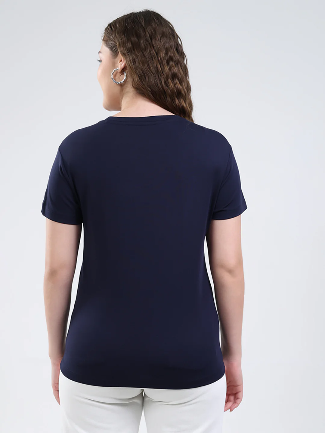Women Navy Blue Printed Round Neck Half Sleeve Top - Image 5