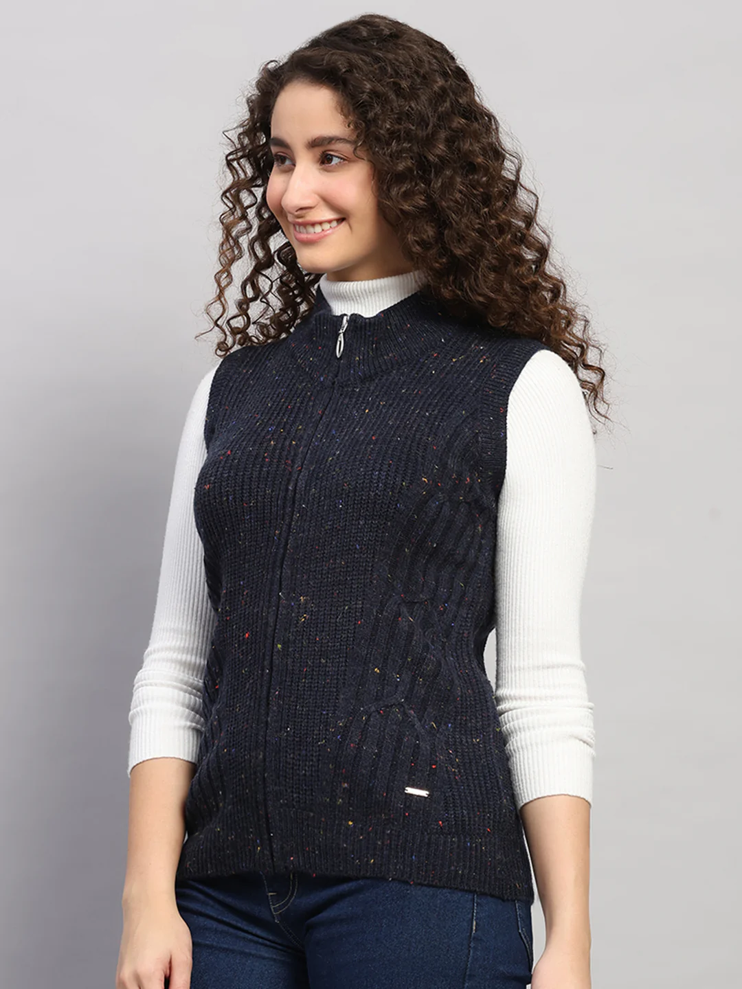 Women Navy Blue Printed Round Neck Sleeveless Cardigan - Image 3