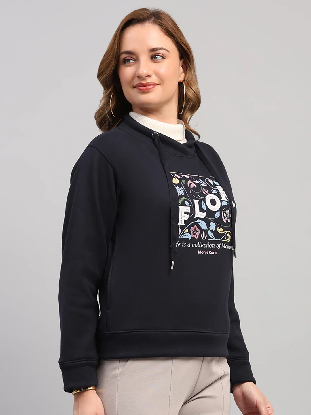Women Navy Blue Printed Turtle Neck Full Sleeve Sweatshirt - Image 4