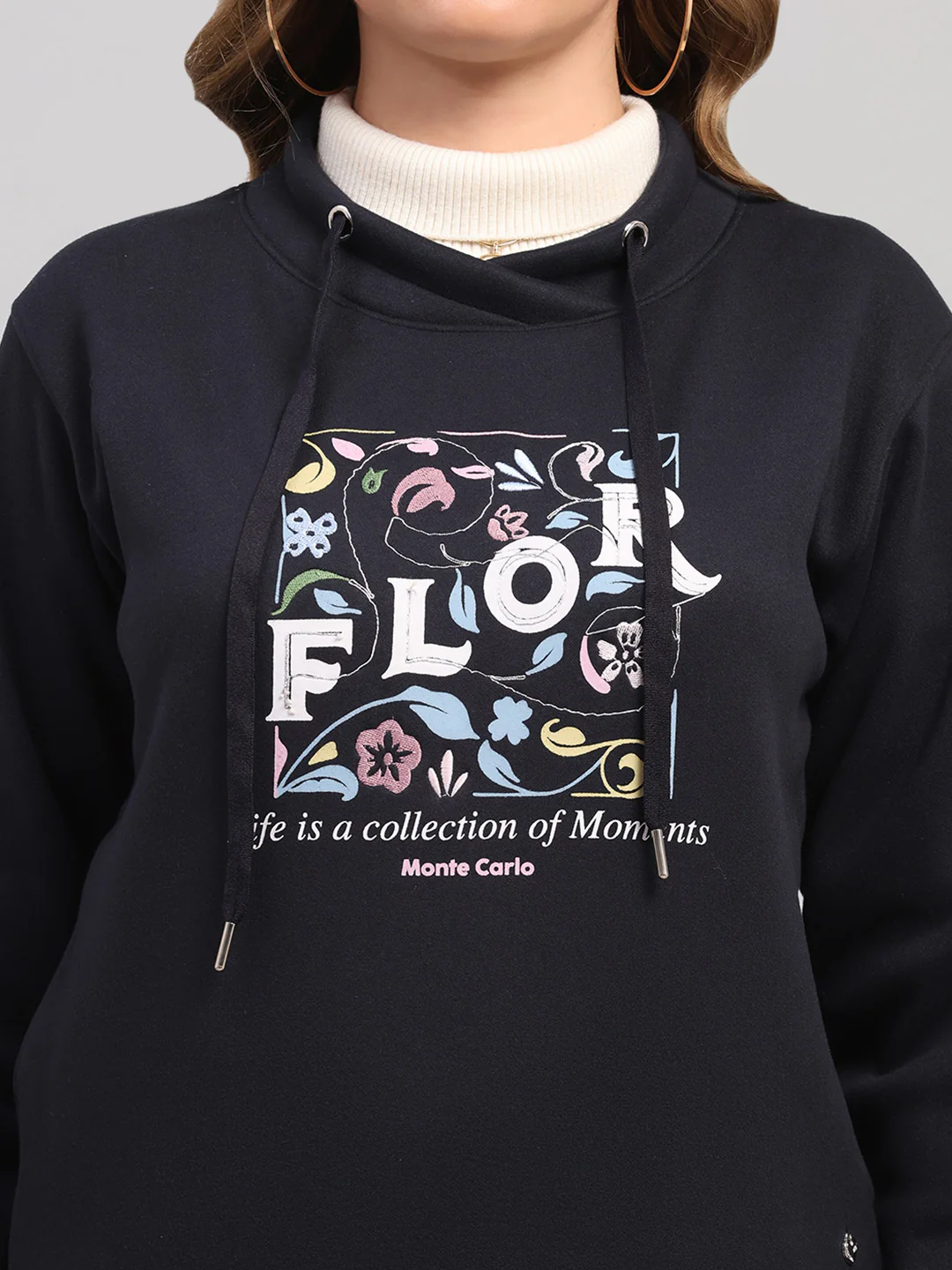 Women Navy Blue Printed Turtle Neck Full Sleeve Sweatshirt - Image 6