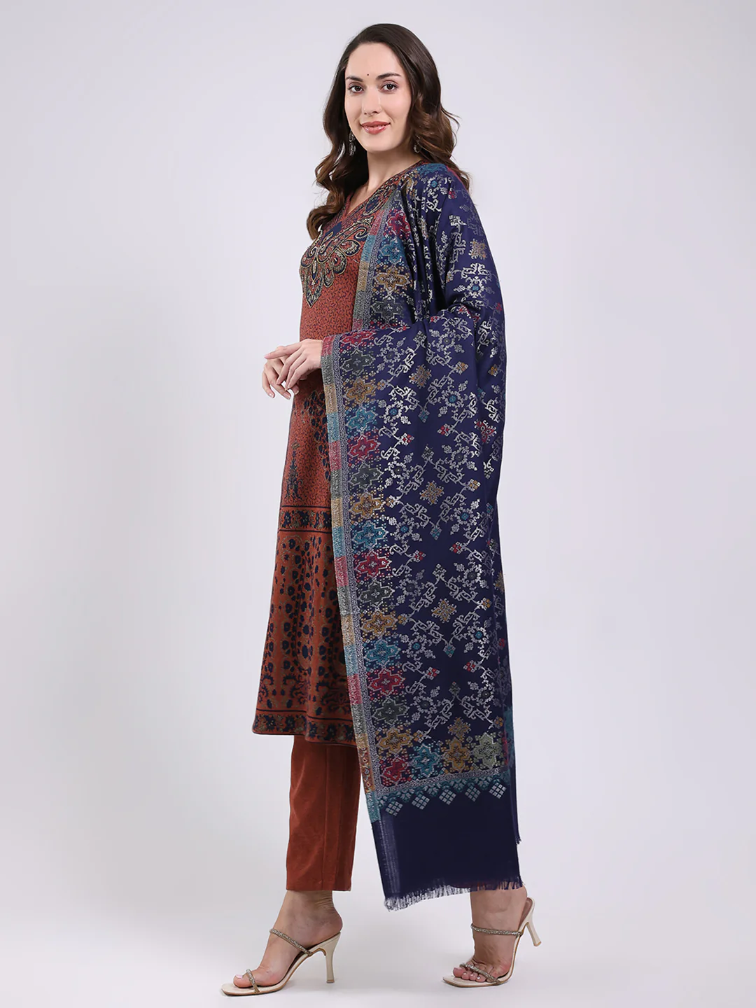 Women Navy Blue Printed Wool Blend Shawl - Image 3