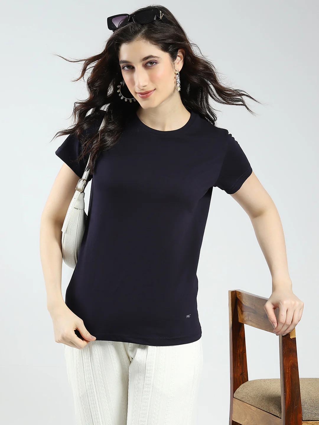 Women Navy Blue & Rust Solid Round Neck Half Sleeve Top 2Pc Set - Image 2