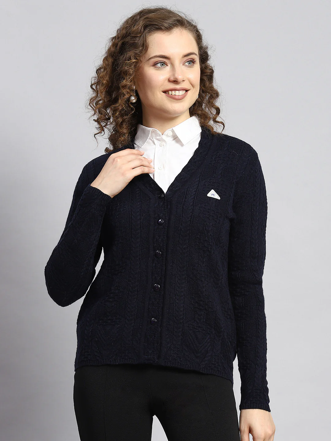 Women Navy Blue Self Cardigan - Image 2