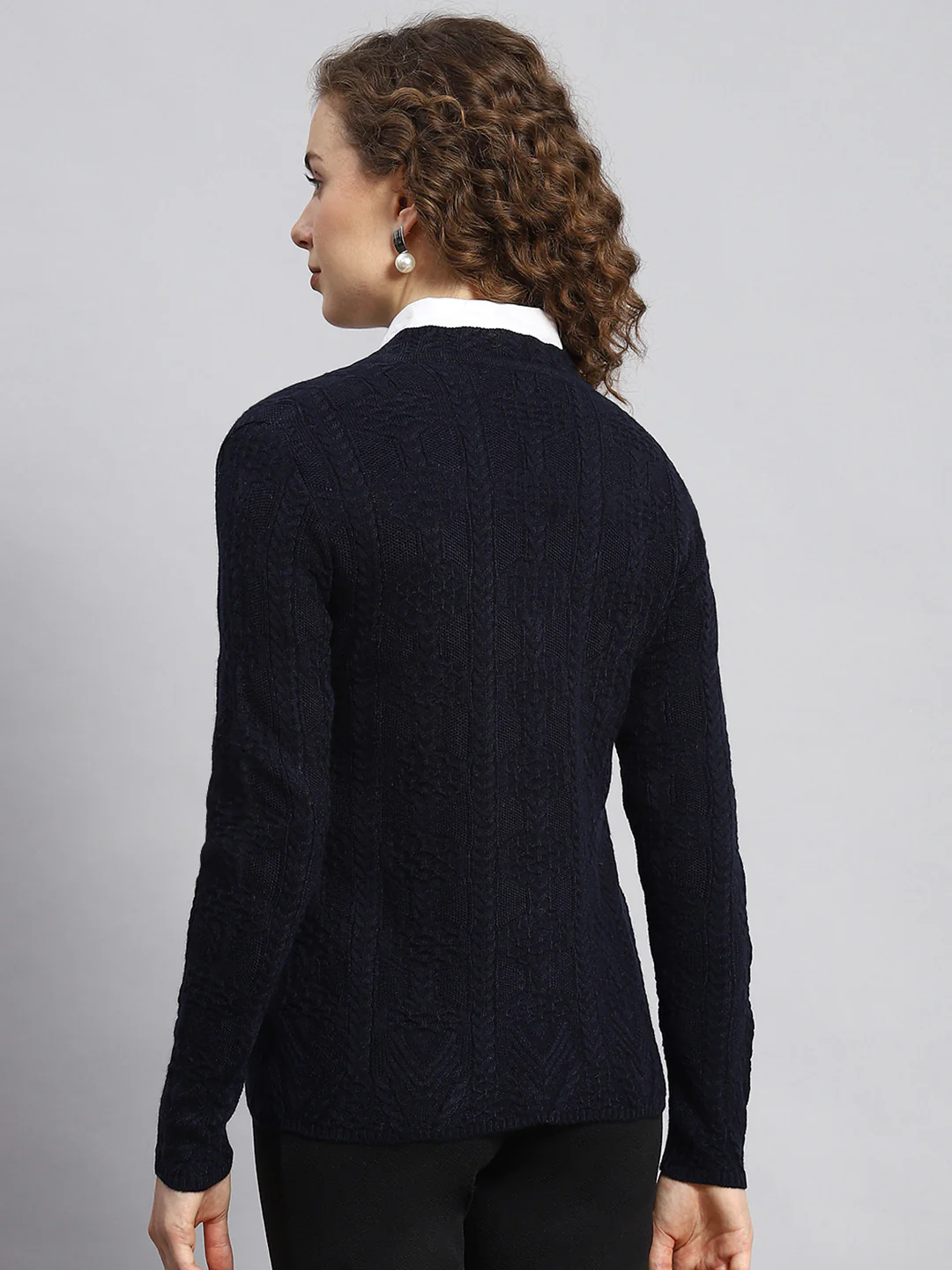 Women Navy Blue Self Cardigan - Image 5