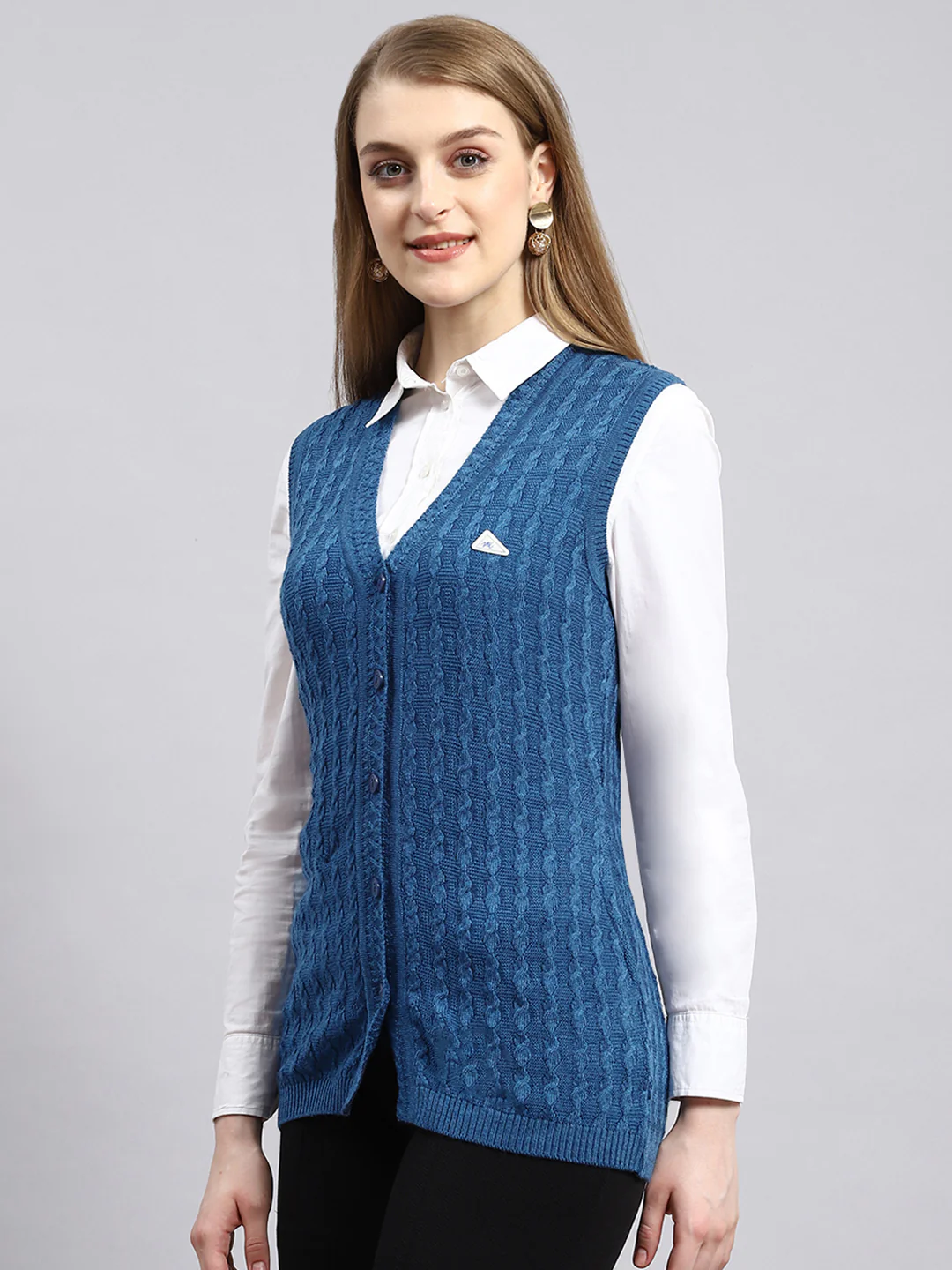 Women Navy Blue Self Cardigan - Image 3