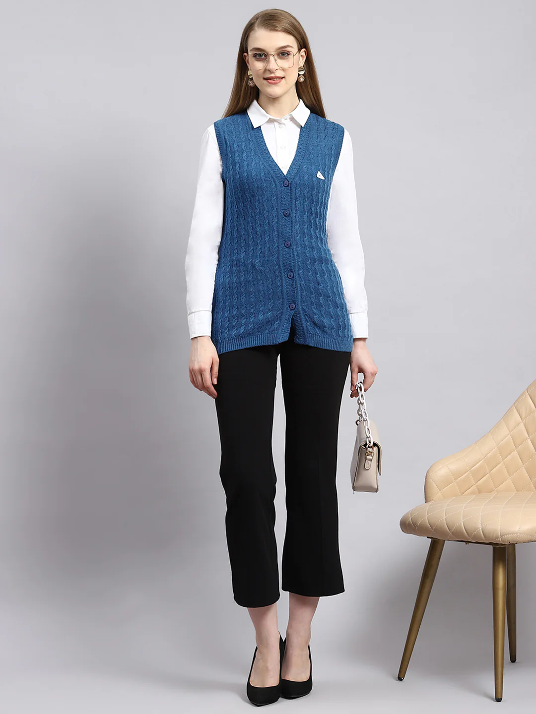 Women Navy Blue Self Cardigan - Image 5