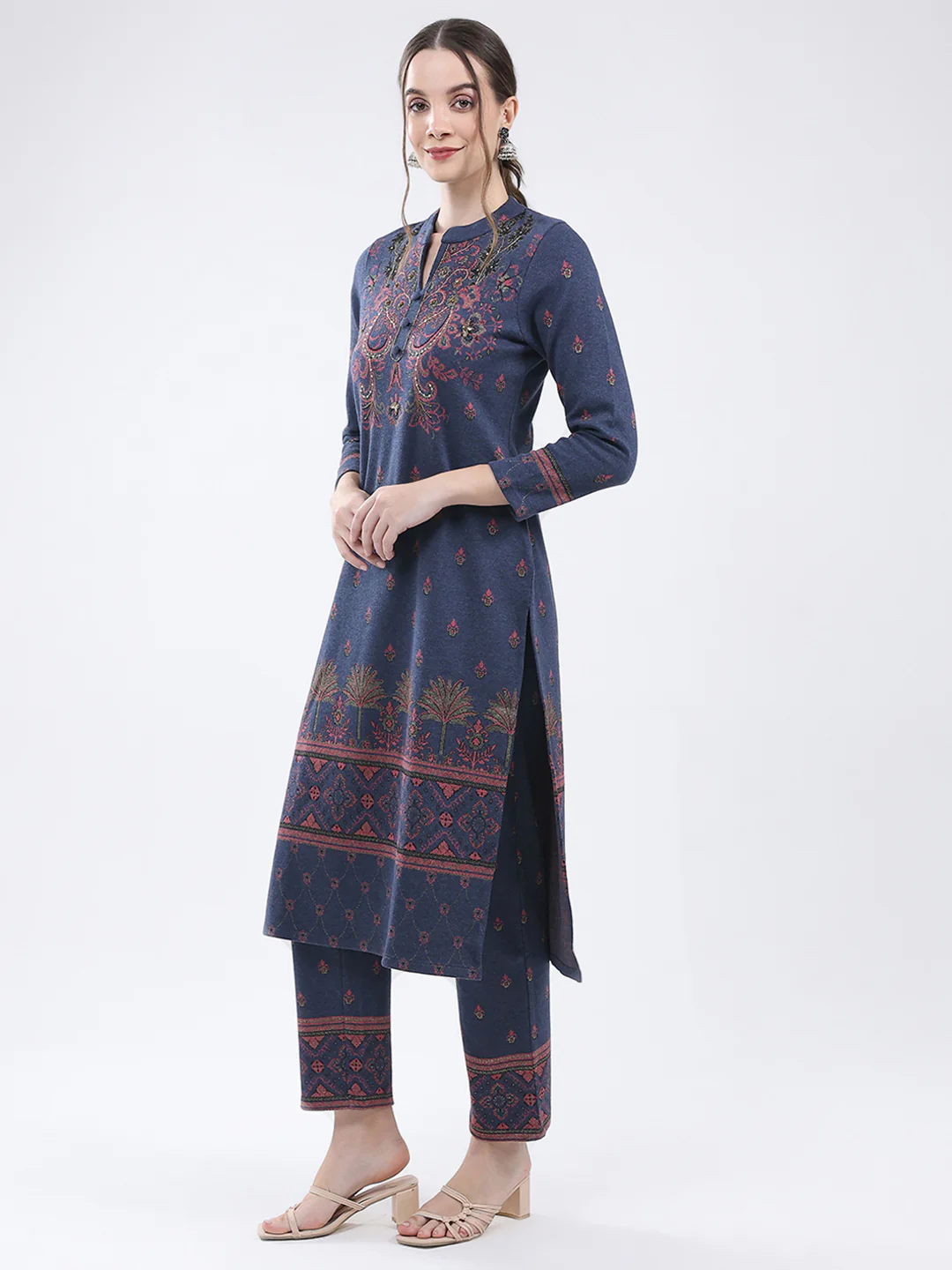 Women Navy Blue Self Design Band Neck Full Sleeve Kurti Set for Winter - Image 5