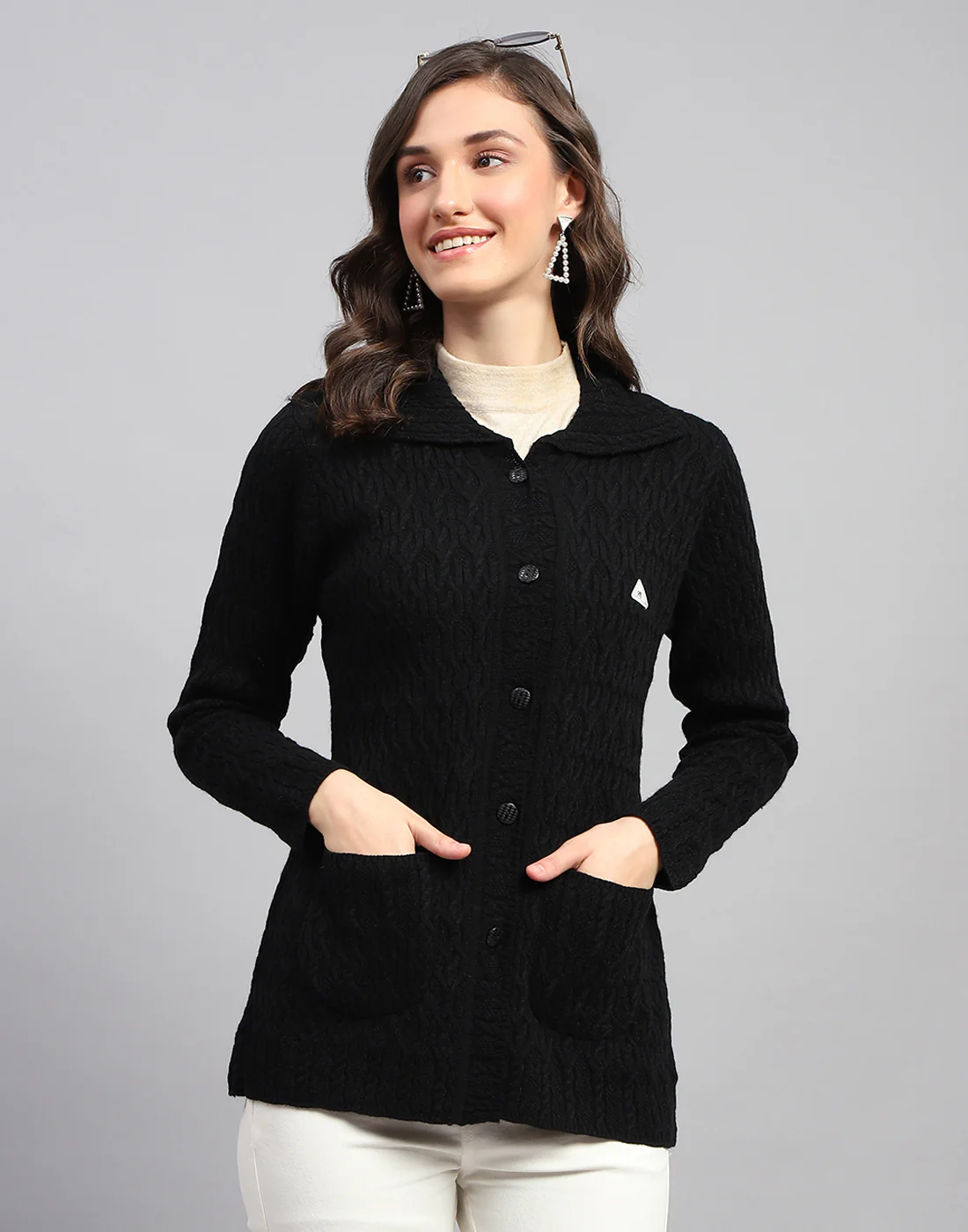 Women Navy Blue Self Design Collar Full Sleeve Cardigan - Image 2