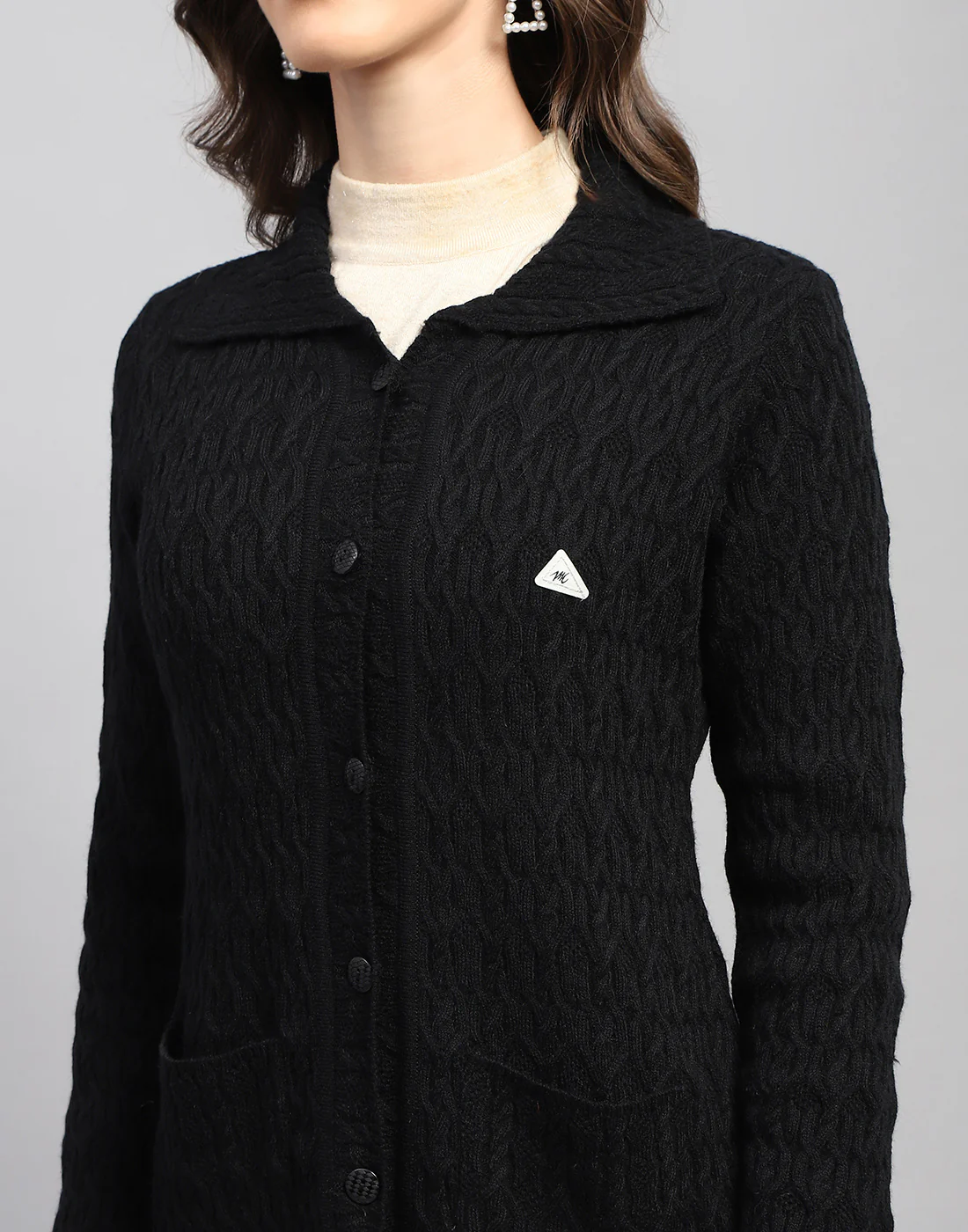 Women Navy Blue Self Design Collar Full Sleeve Cardigan - Image 6
