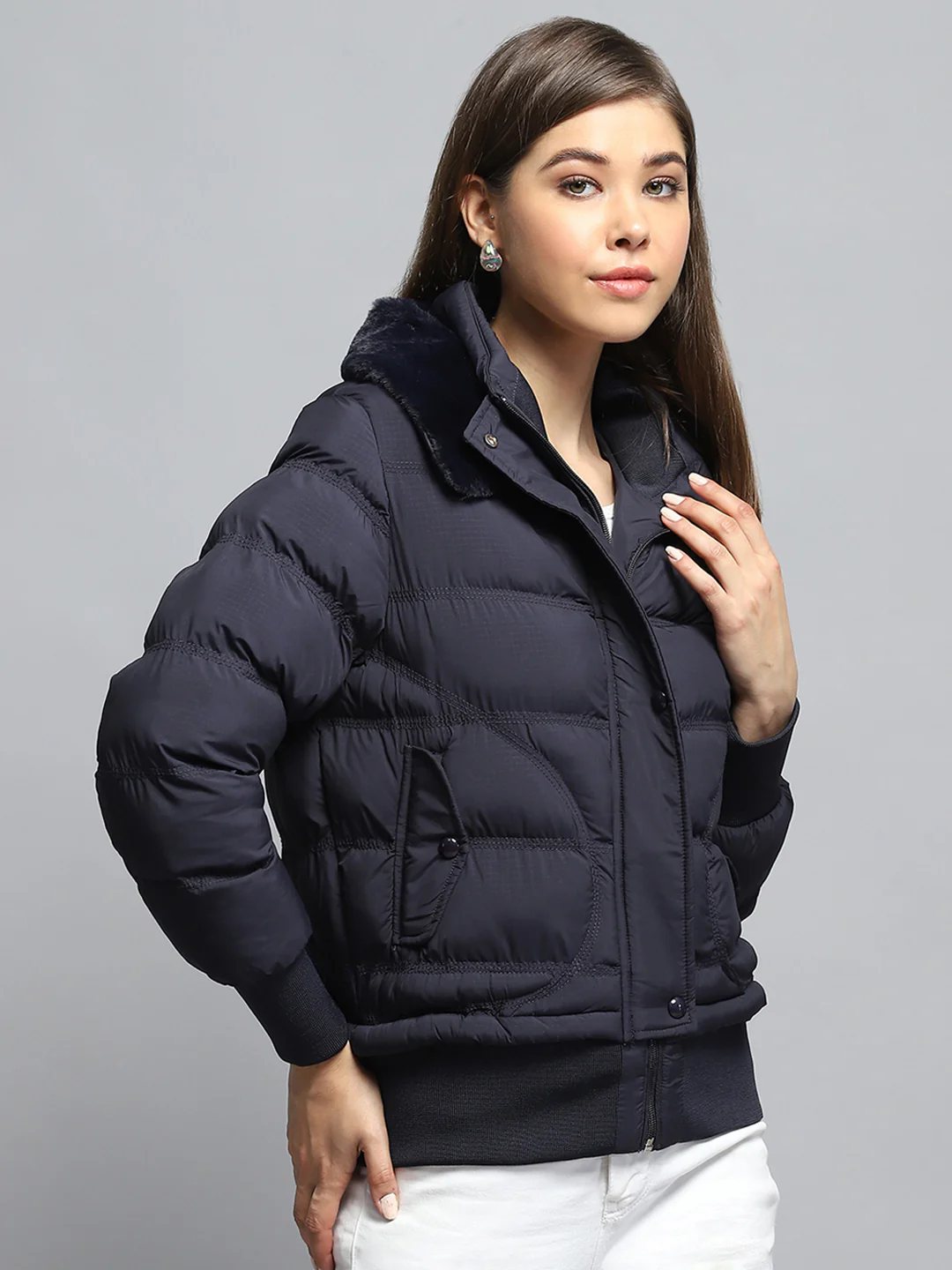 Women Navy Blue Self Design Collar Full Sleeve Jacket - Image 4