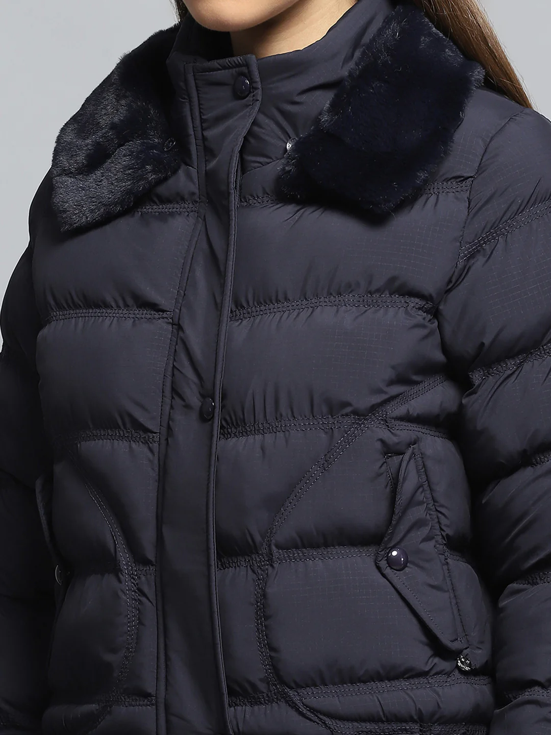 Women Navy Blue Self Design Collar Full Sleeve Jacket - Image 8