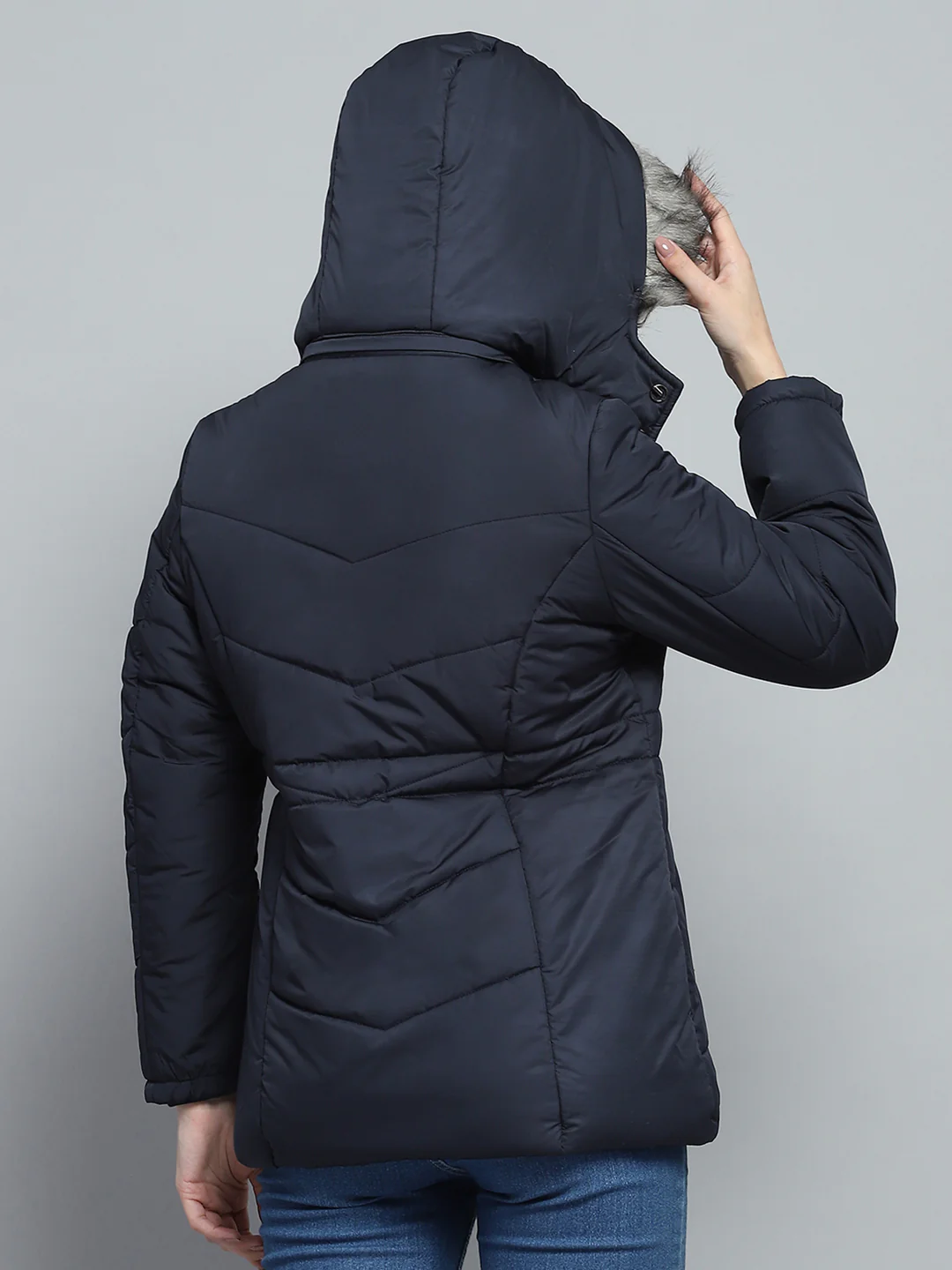 Women Navy Blue Self Design Detachable Hood Full Sleeve Jacket - Image 5