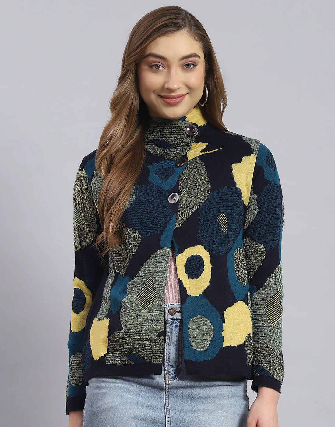 Women Navy Blue Self Design H Neck Full Sleeve Sweater - Image 2
