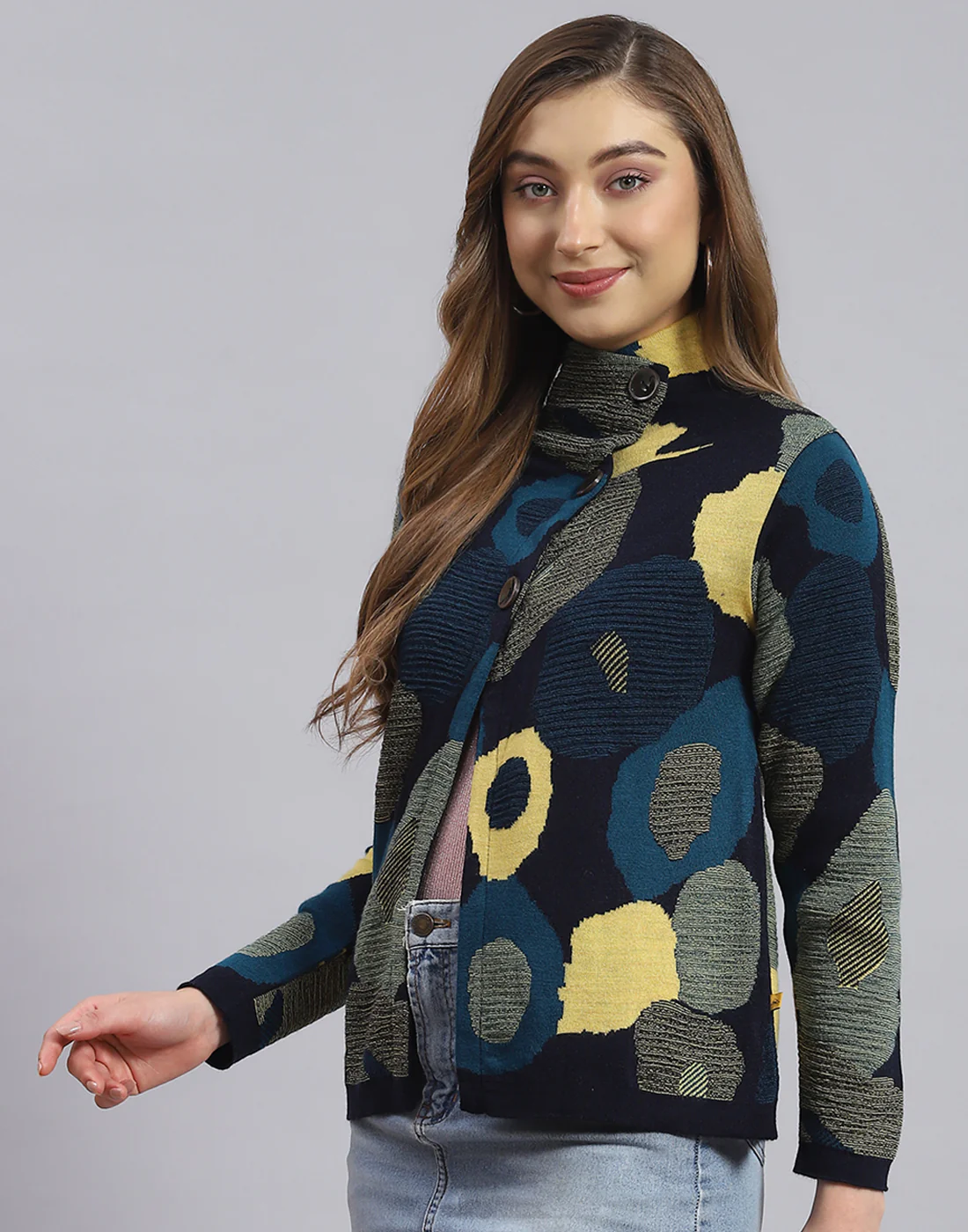 Women Navy Blue Self Design H Neck Full Sleeve Sweater - Image 4