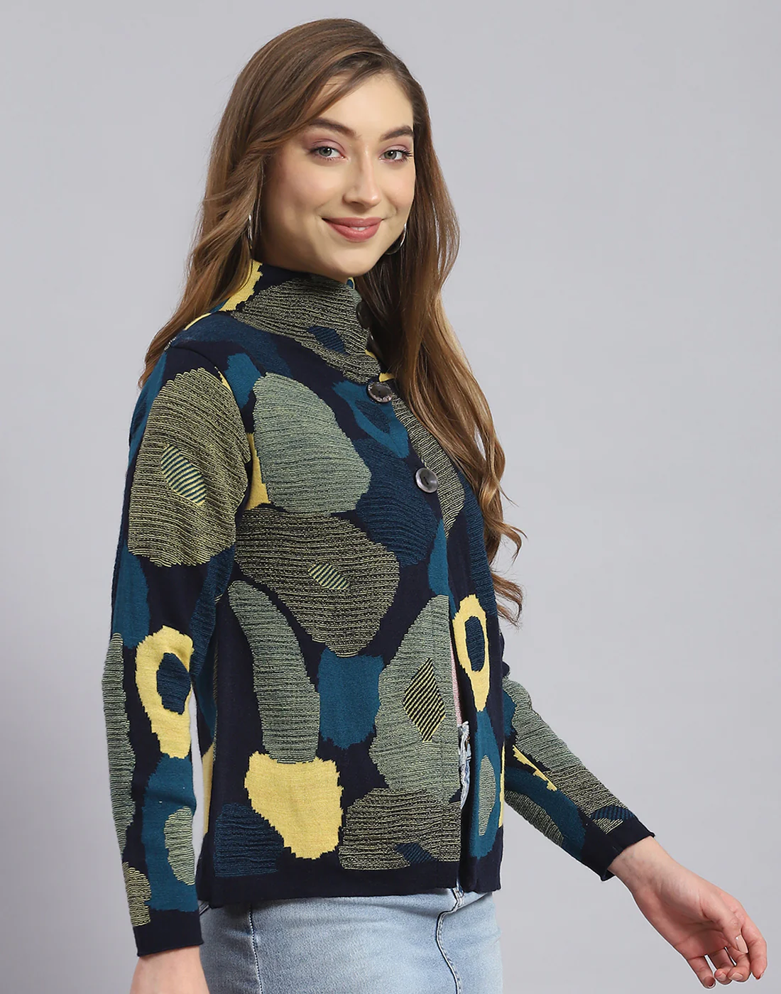 Women Navy Blue Self Design H Neck Full Sleeve Sweater - Image 5