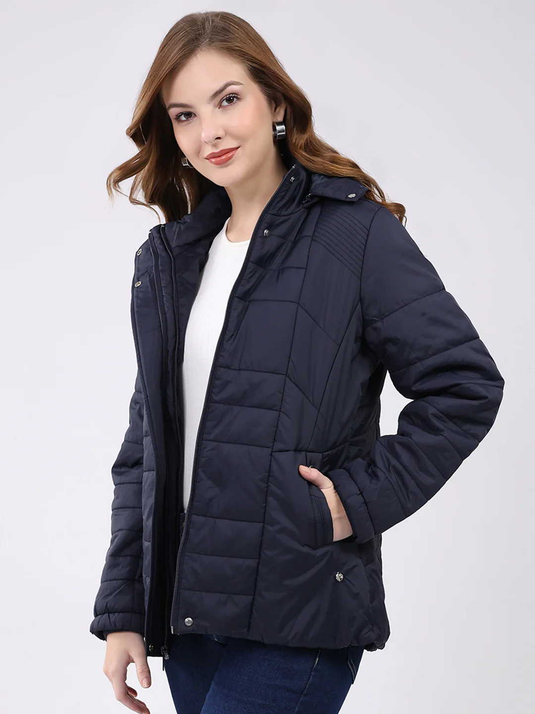 Women Navy Blue Self Design Hooded Jacket Set (1 Full & 1 Half Sleeve Reversible) - Image 3