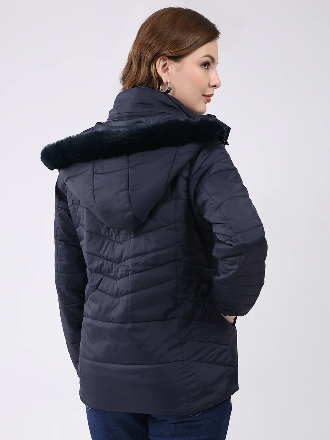 Women Navy Blue Self Design Hooded Jacket Set (1 Full & 1 Half Sleeve Reversible) - Image 5