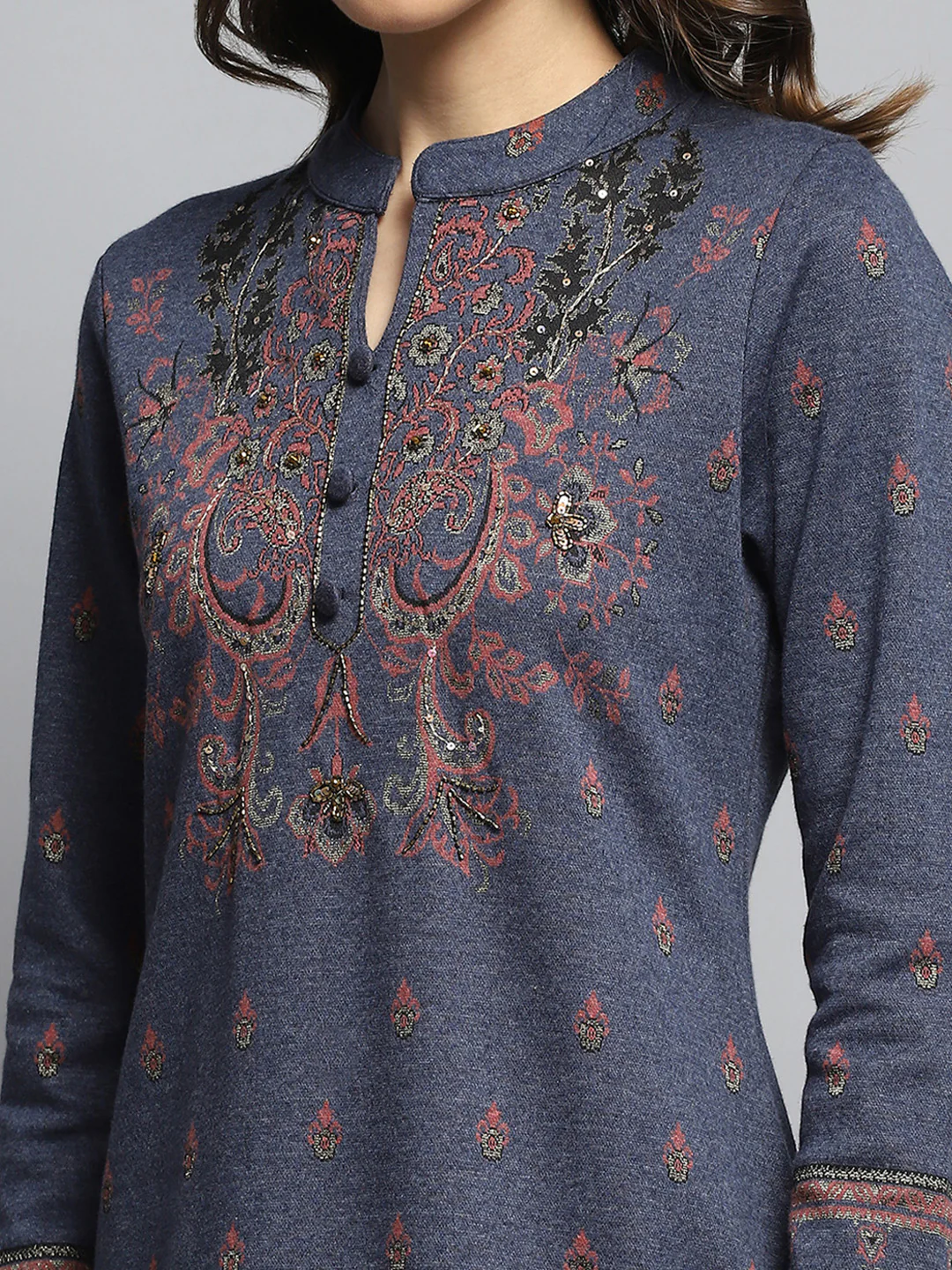 Women Navy Blue Self Design Mandarin Collar Full Sleeve Kurti Set - Image 6