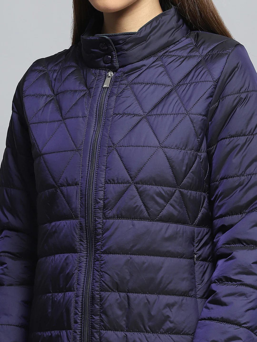 Women Navy Blue Self Design Mock Neck Full Sleeve Jacket - Image 6