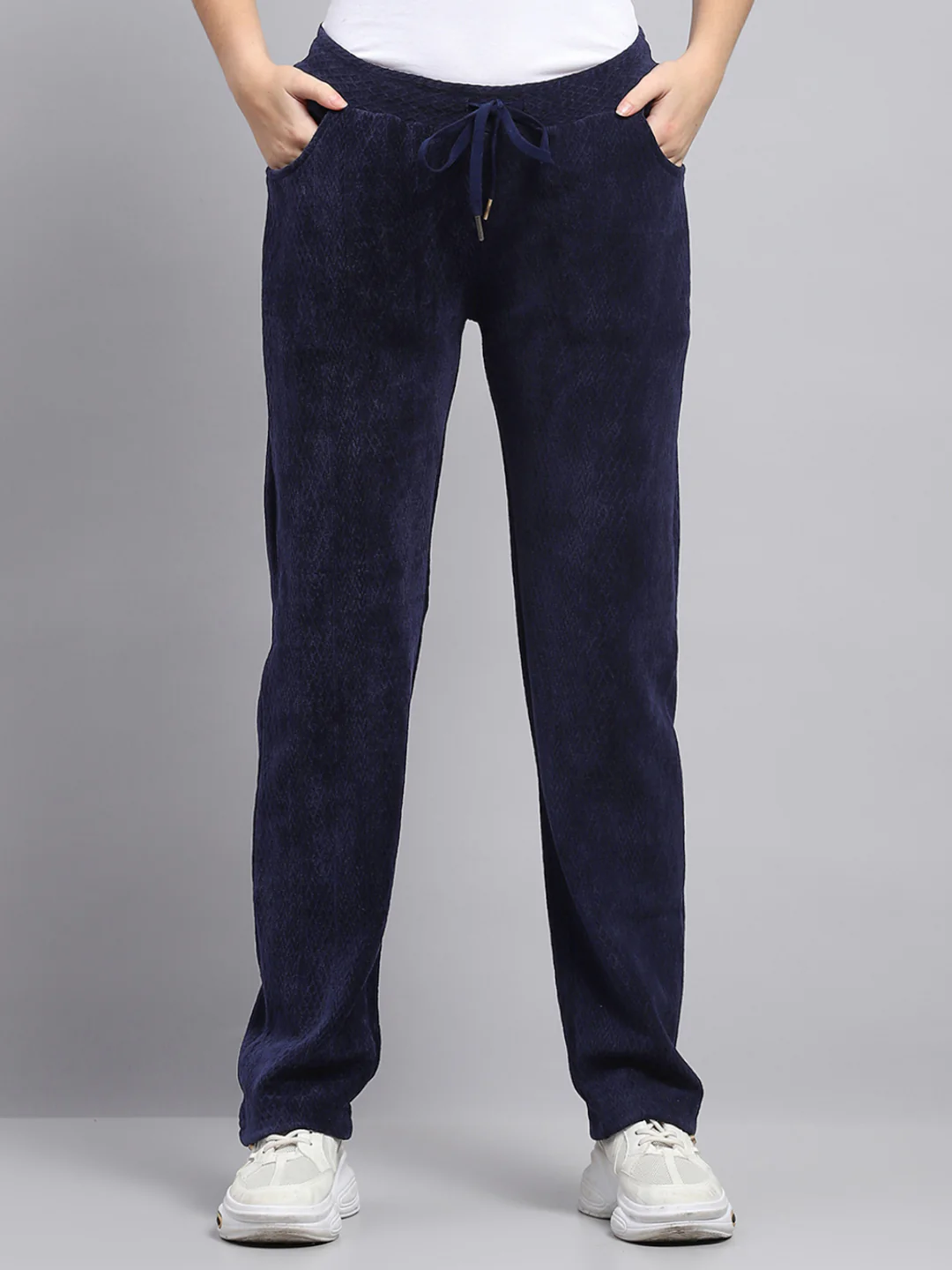 Women Navy Blue Self Design Mock Neck Full Sleeve Tracksuit - Image 8