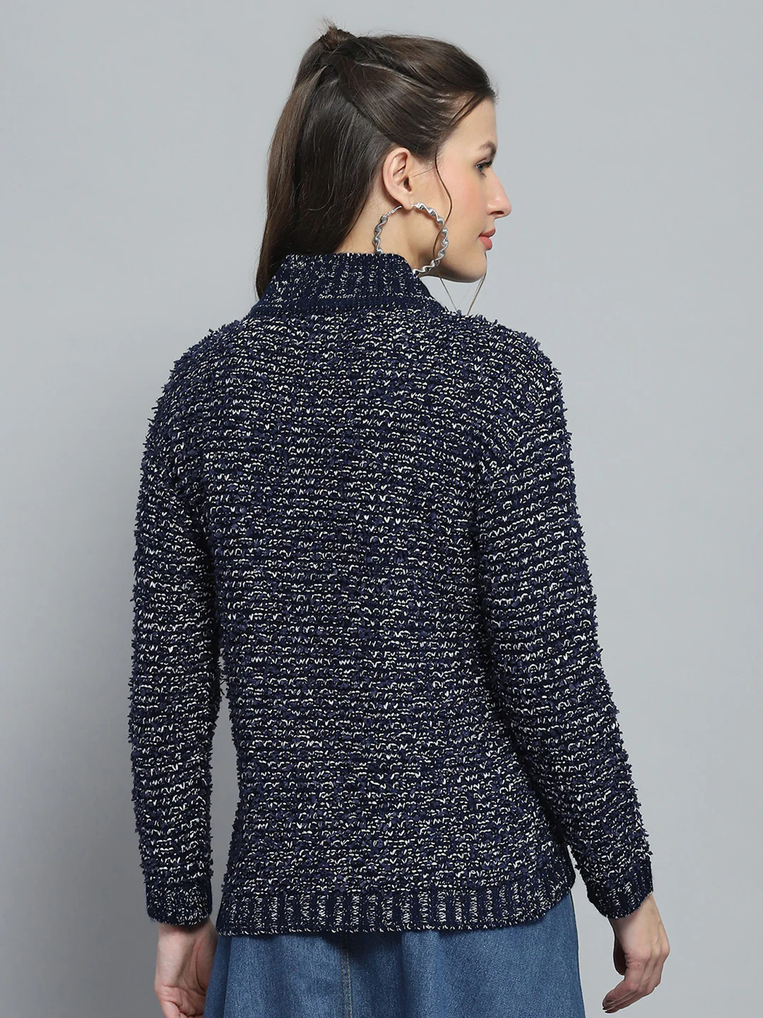 Women Navy Blue Self Design Mock Neck Full Sleeve Winte Top - Image 2