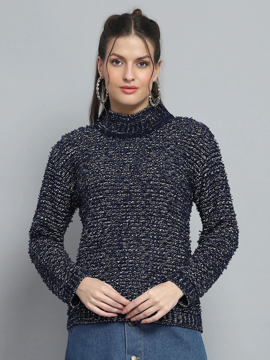Women Navy Blue Self Design Mock Neck Full Sleeve Winte Top - Image 3