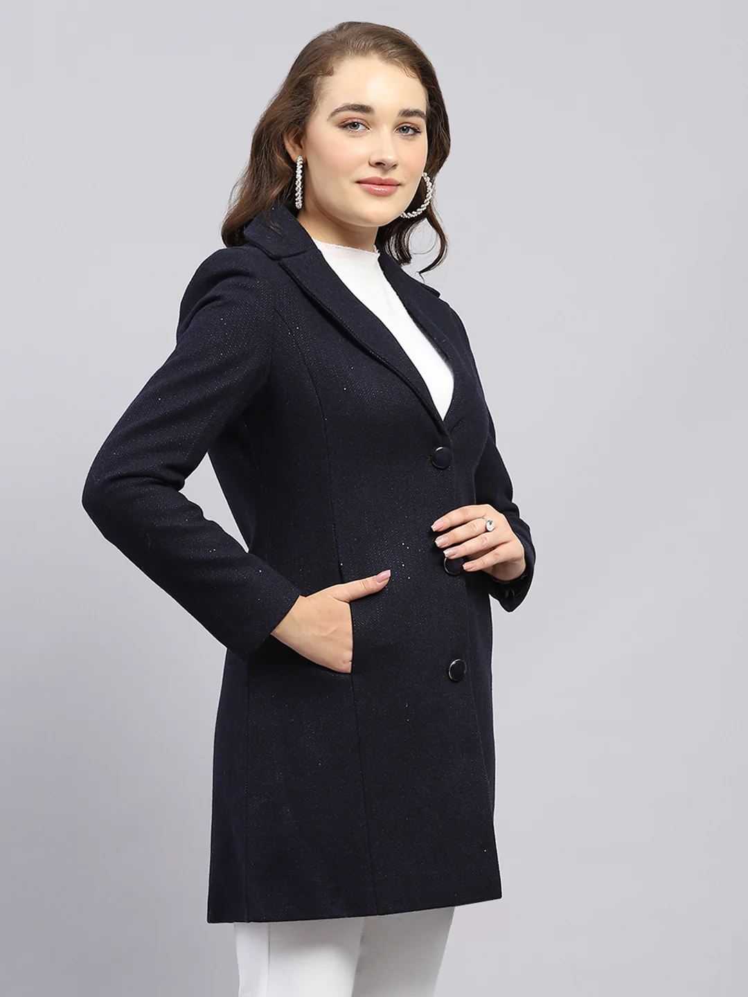 Women Navy Blue Self Design Notch lapel Collar Full Sleeve Coat - Image 4
