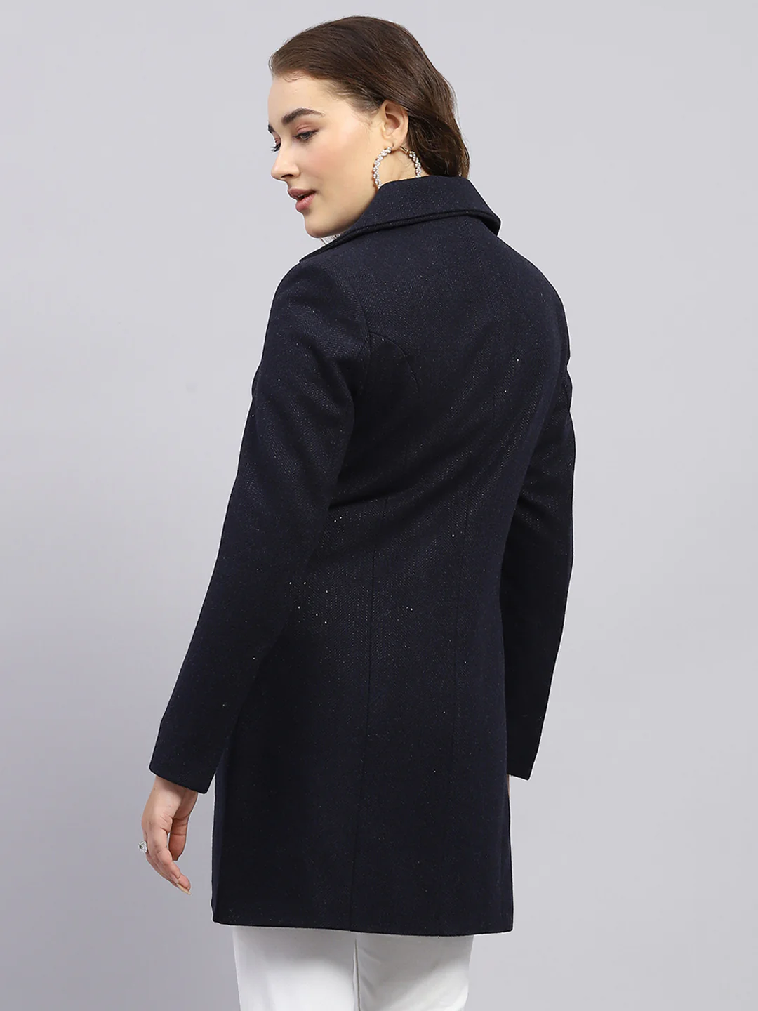 Women Navy Blue Self Design Notch lapel Collar Full Sleeve Coat - Image 5
