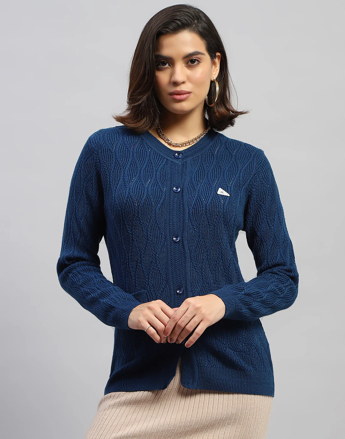 Women Navy Blue Self Design Round Neck Full Sleeve Cardigan - Image 2