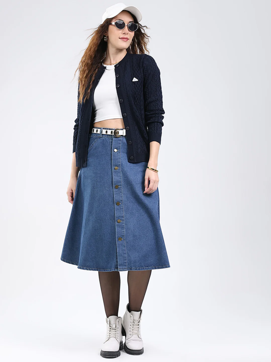 Women Navy Blue Self Design Round Neck Full Sleeve Cardigan - Image 2