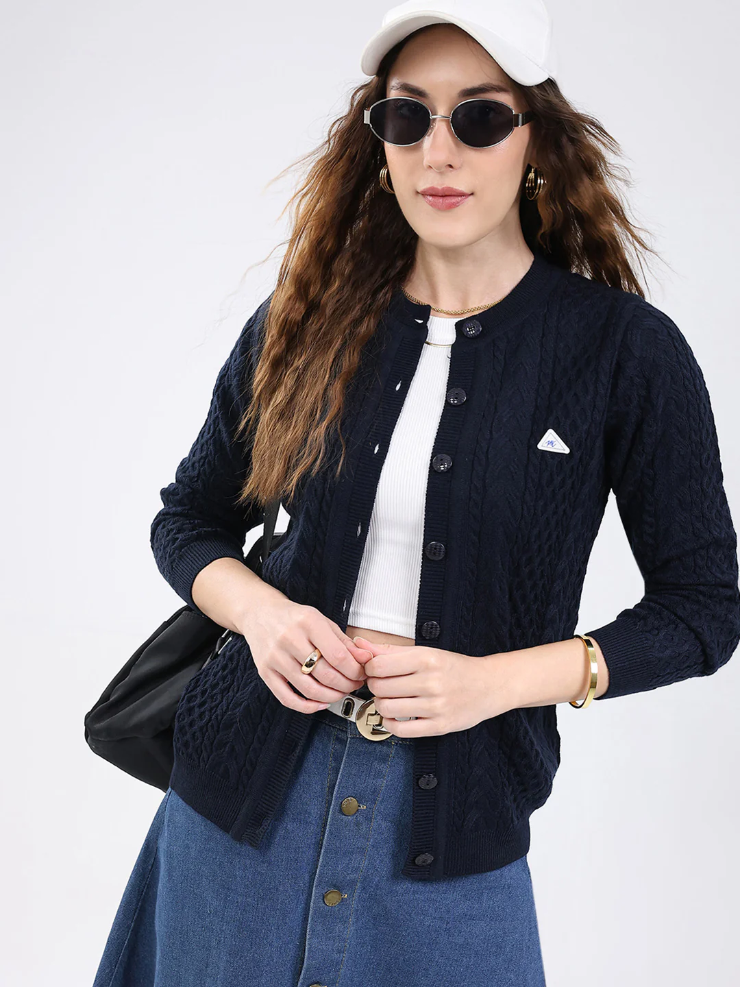 Women Navy Blue Self Design Round Neck Full Sleeve Cardigan - Image 6