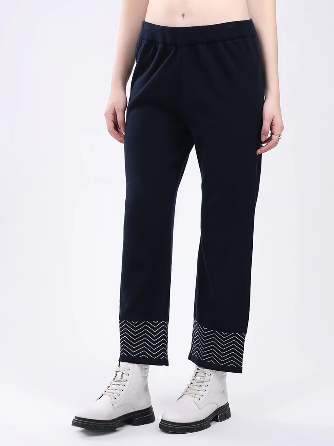 Women Navy Blue Self Design Round Neck Full Sleeve Cords Set - Image 7